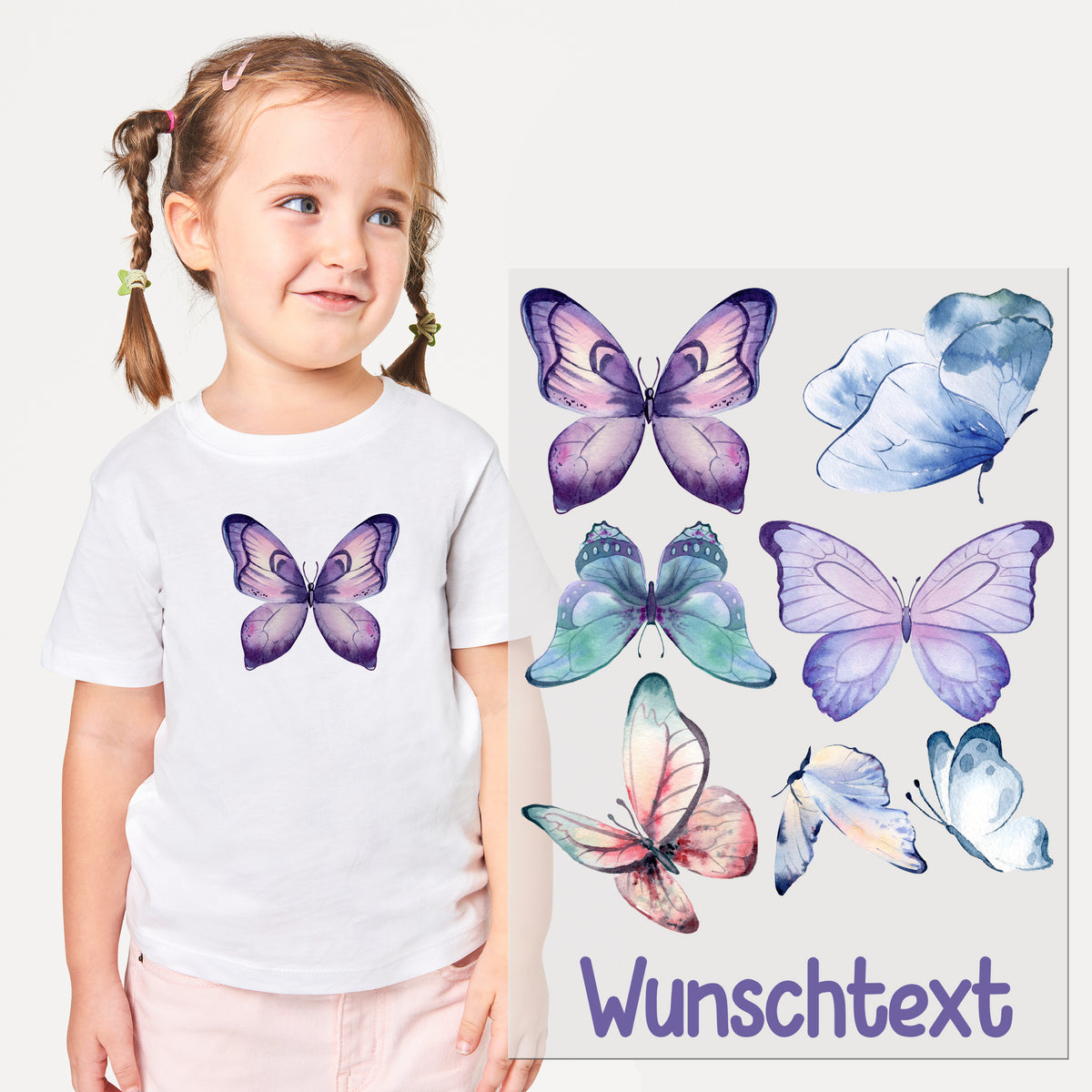 Weißes T-Shirt mit lila Schmetterlingsdesign und Wunschtext.