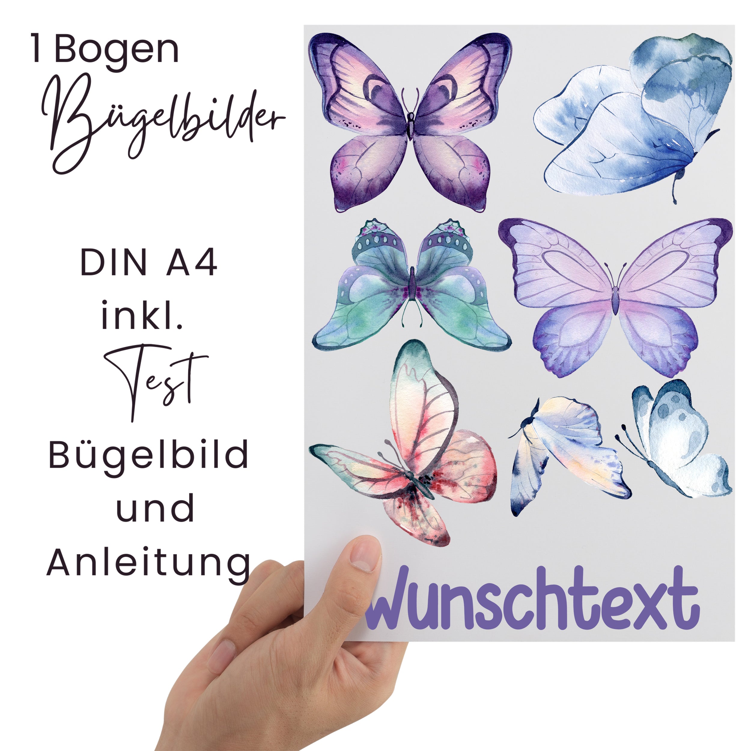 Bügelbilder mit bunten Schmetterlingen und Wunschtext.
