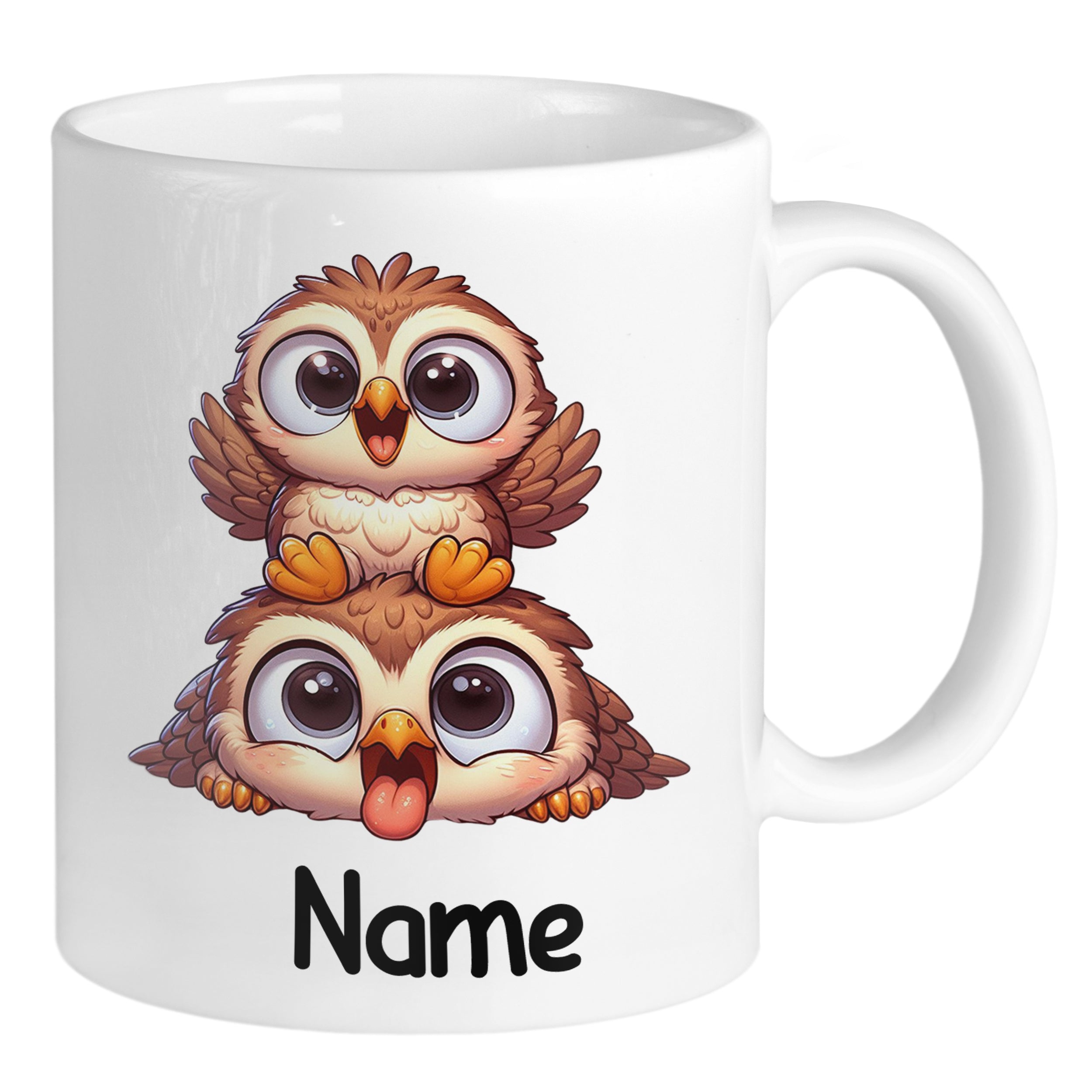 Tasse mit zwei niedlichen Eulen und personalisiertem Namen
