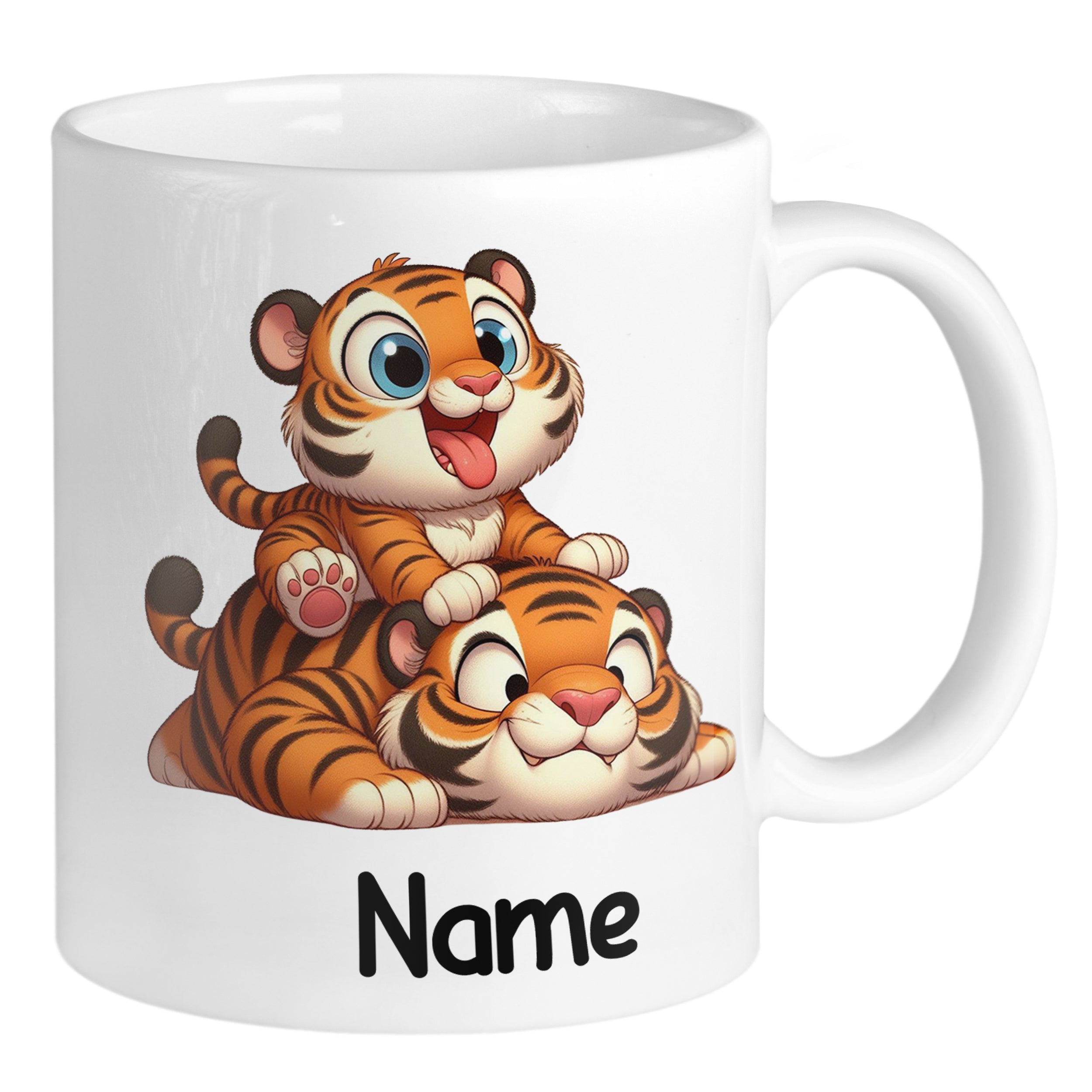 Tasse mit zwei niedlichen, cartoonhaften Tigern und Name.