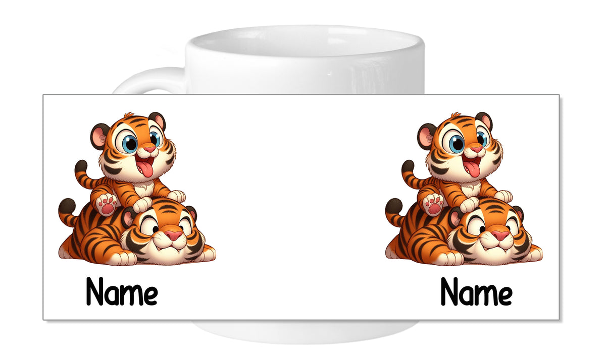 Tasse mit niedlichen Cartoon-Tigern und Platz für Namen.