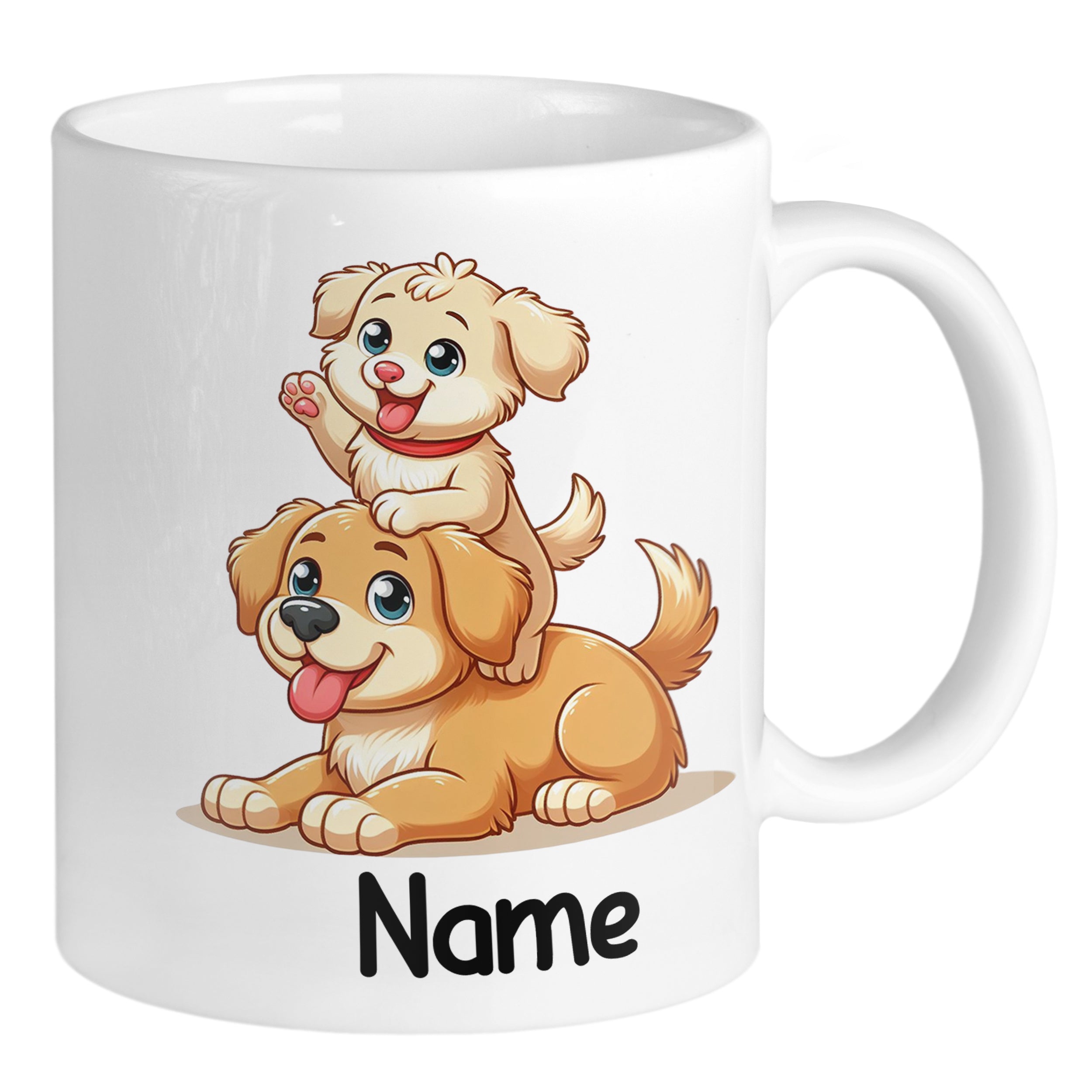 Tasse mit zwei niedlichen Welpen und personalisierbarem Namen.