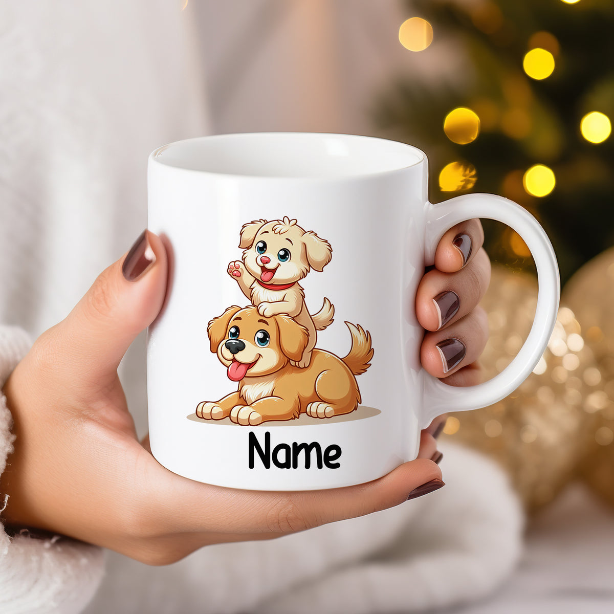 Weißer Becher mit zwei niedlichen Hunden und Name.