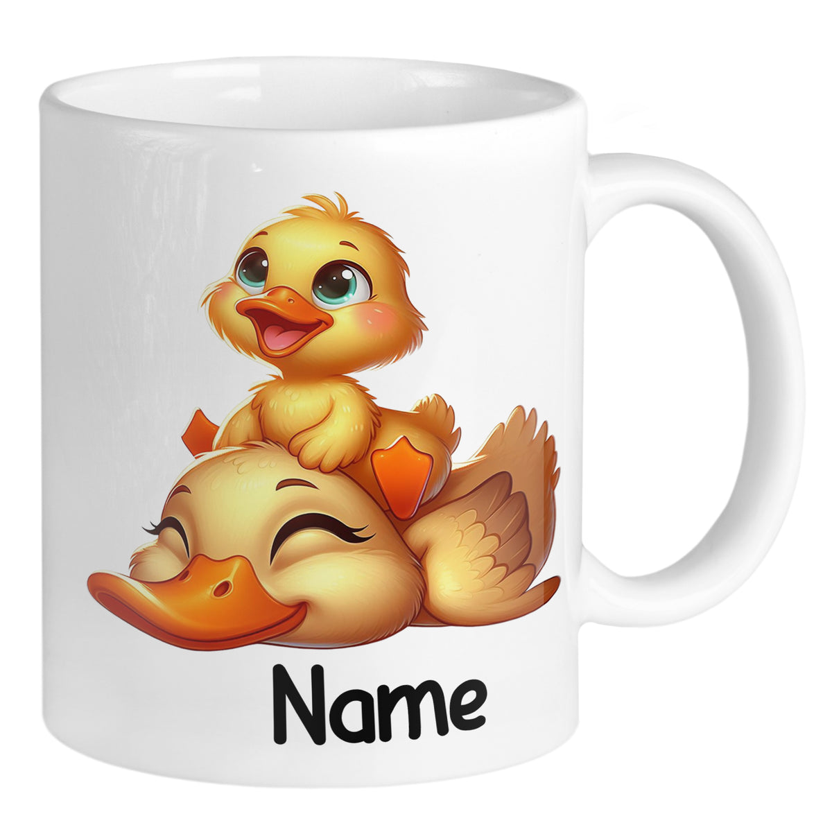 Tasse mit niedlichen Enten, gelb und braun, personalisierbar.
