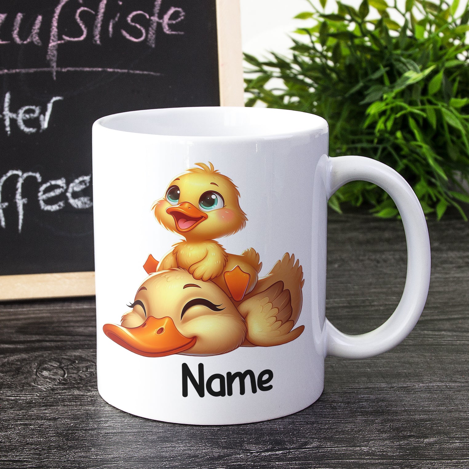Tasse mit Enten-Motiv, weiß, personalisierbar mit Namen.