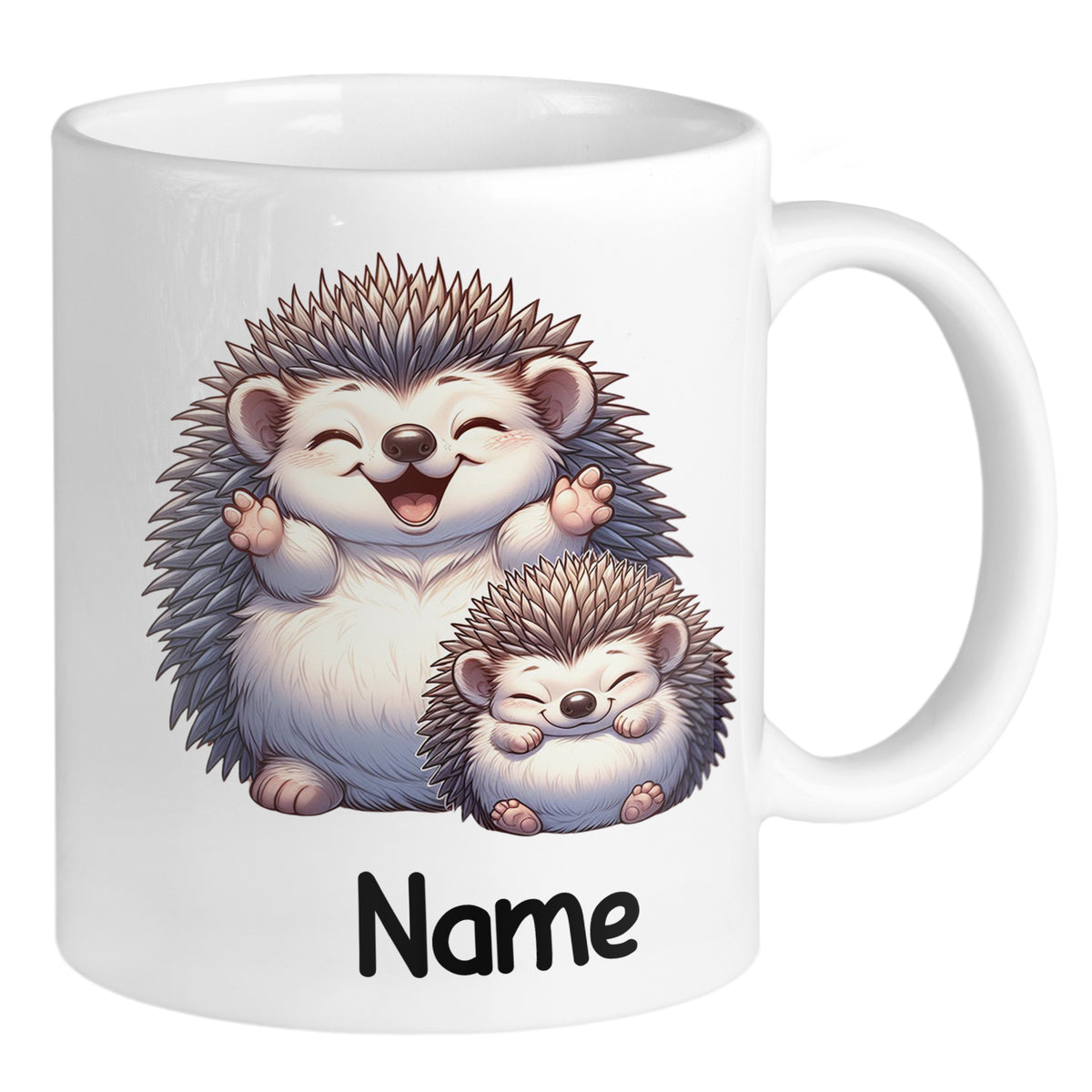 Tasse mit zwei niedlichen, lächelnden Igeln und Namen.