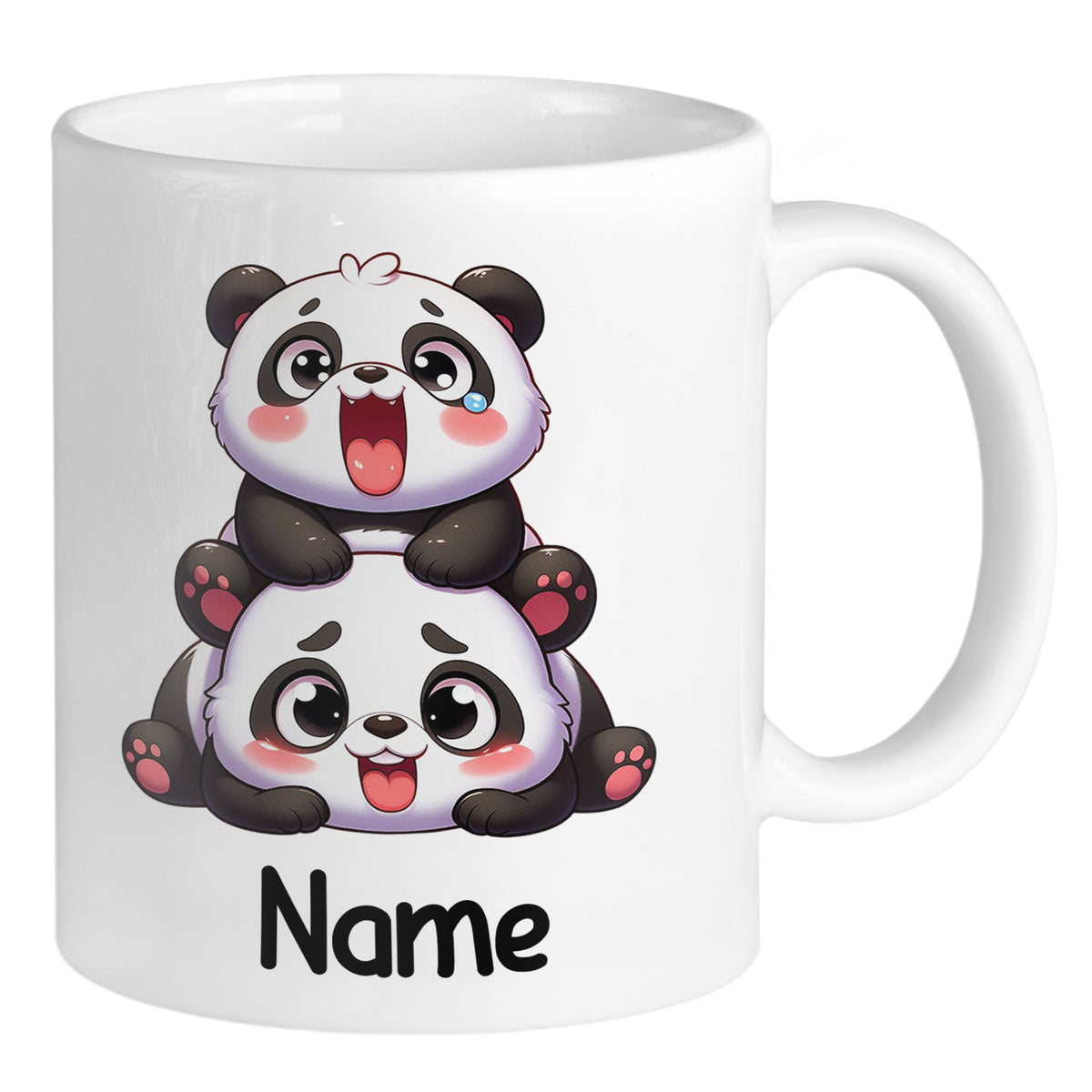 Tasse mit zwei niedlichen, gestapelten Pandas und Name.