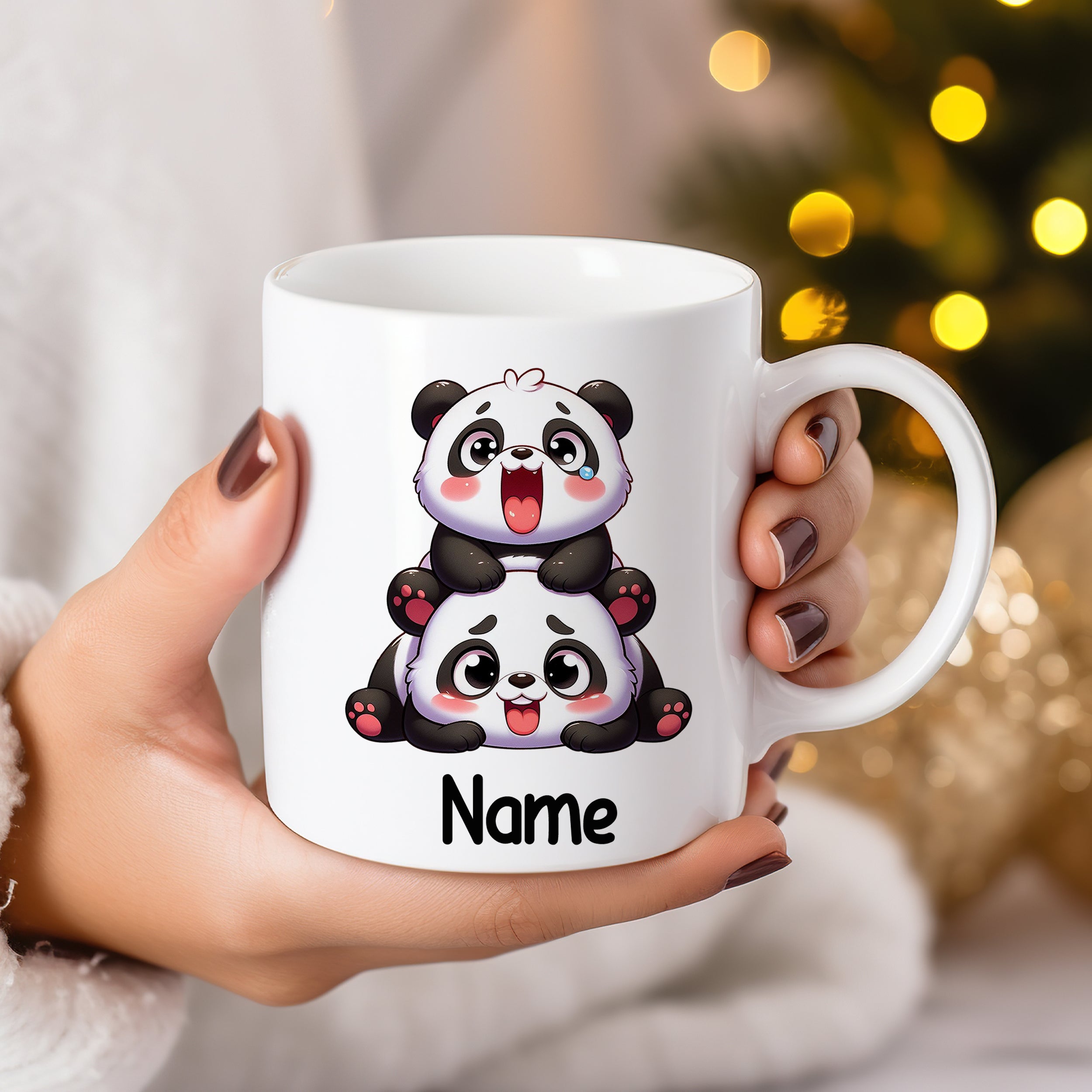 Kaffeetasse mit zwei niedlichen Pandas und personalisiertem Namen.