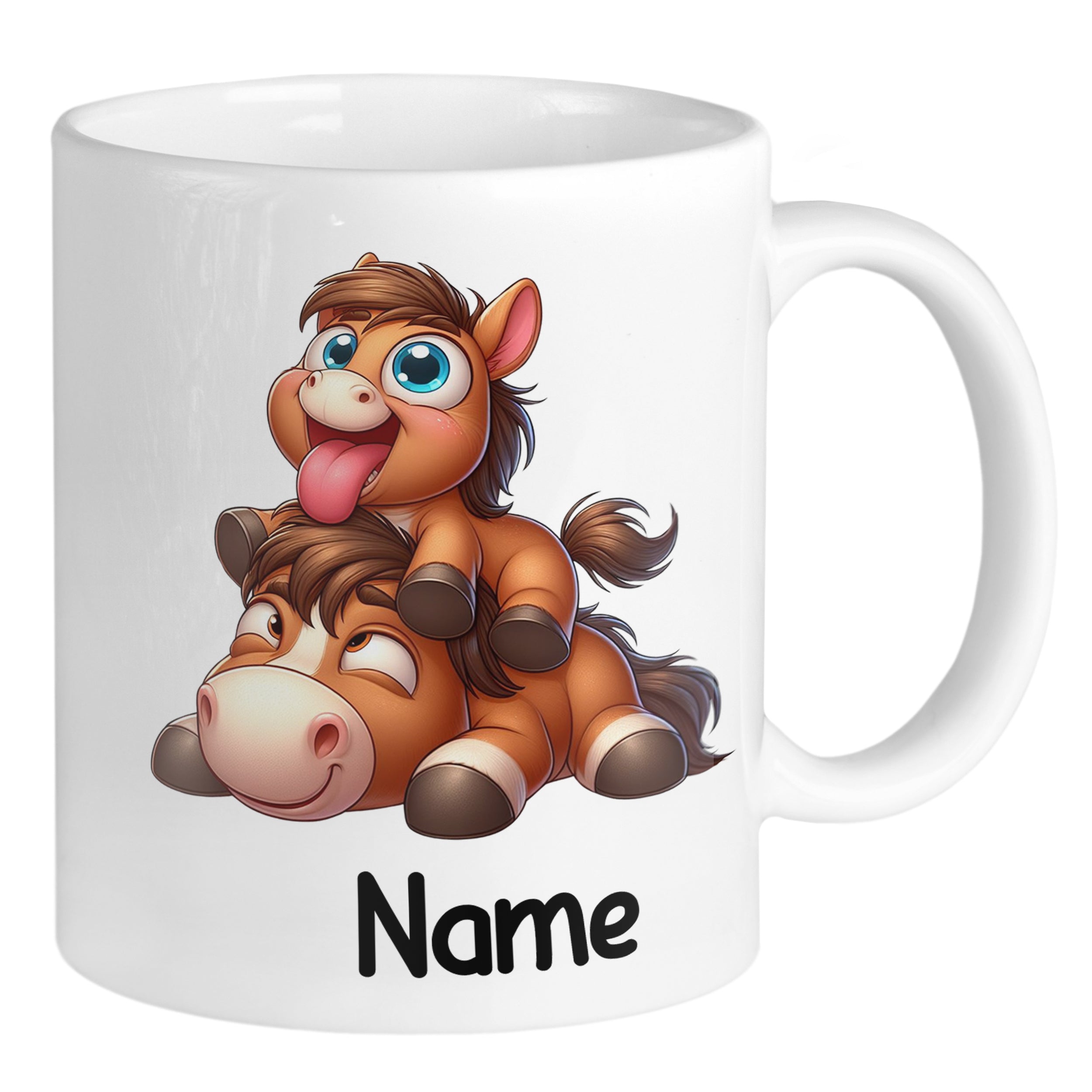 Tasse mit zwei cartoonhaften Pferden und Name.