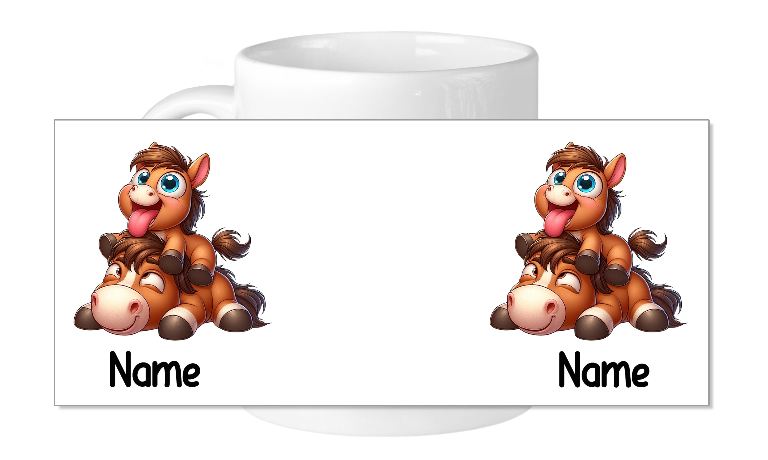 Tasse mit zwei lustigen, cartoonhaften Ponys und Namen.