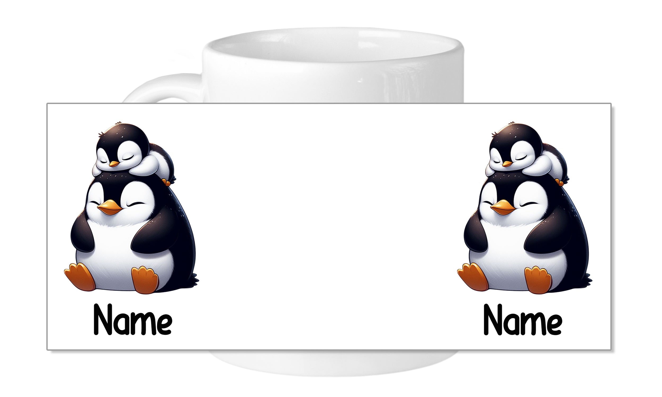 Tasse mit zwei niedlichen Pinguinen und Platz für Namen.