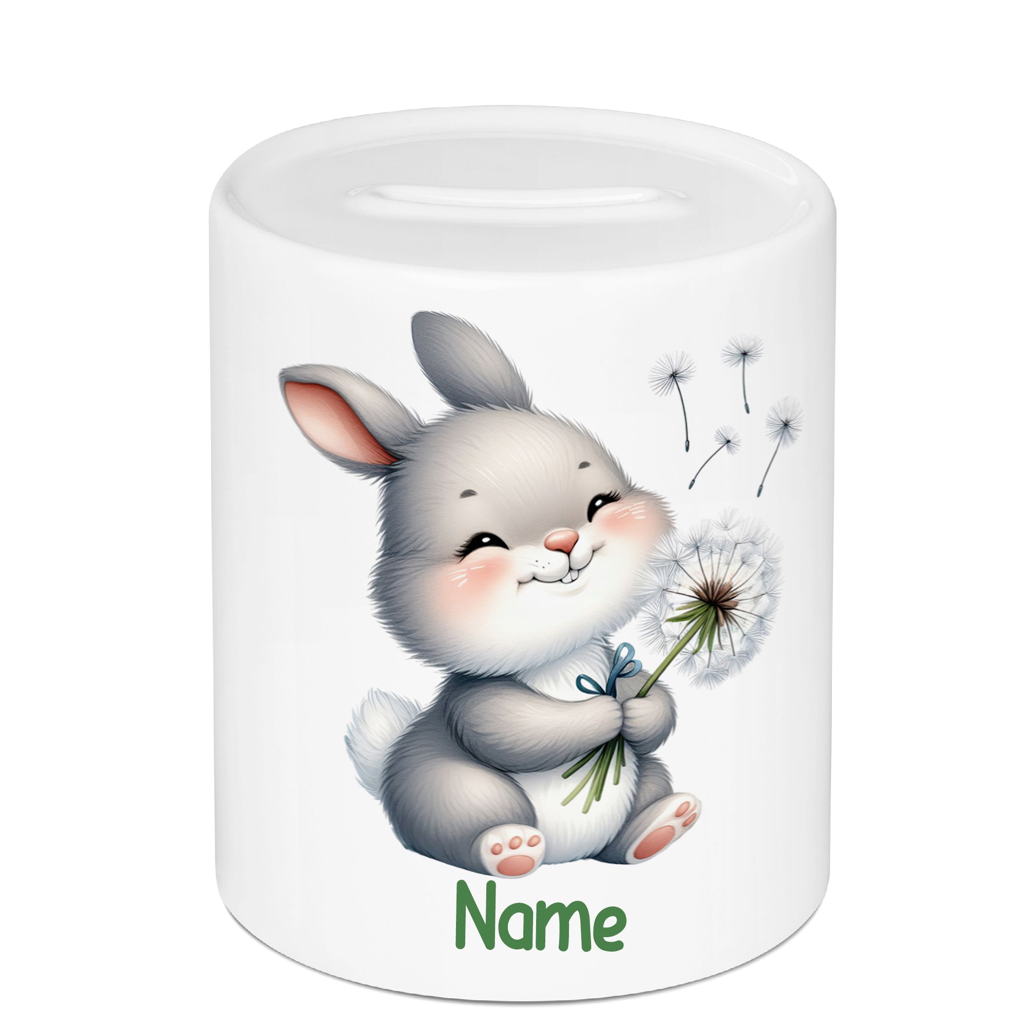 Keksdose mit niedlichem grauem Hasen und Pusteblume.