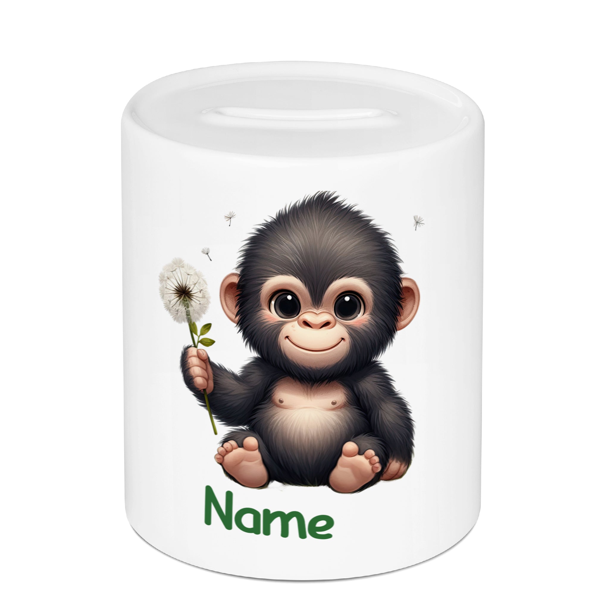 Keksdose mit niedlichem Gorilla und Löwenzahn, personalisierbar.