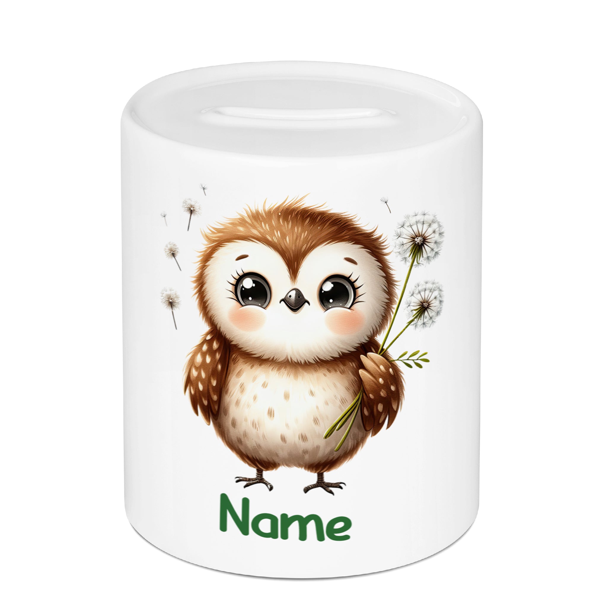 Kleine Eule mit Löwenzahn, weißer Spardose, personalisierbar.