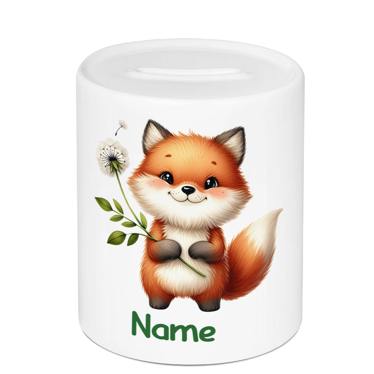 Süße Fuchs-Spardose mit Blumenmotiv und personalisierbarem Namen.