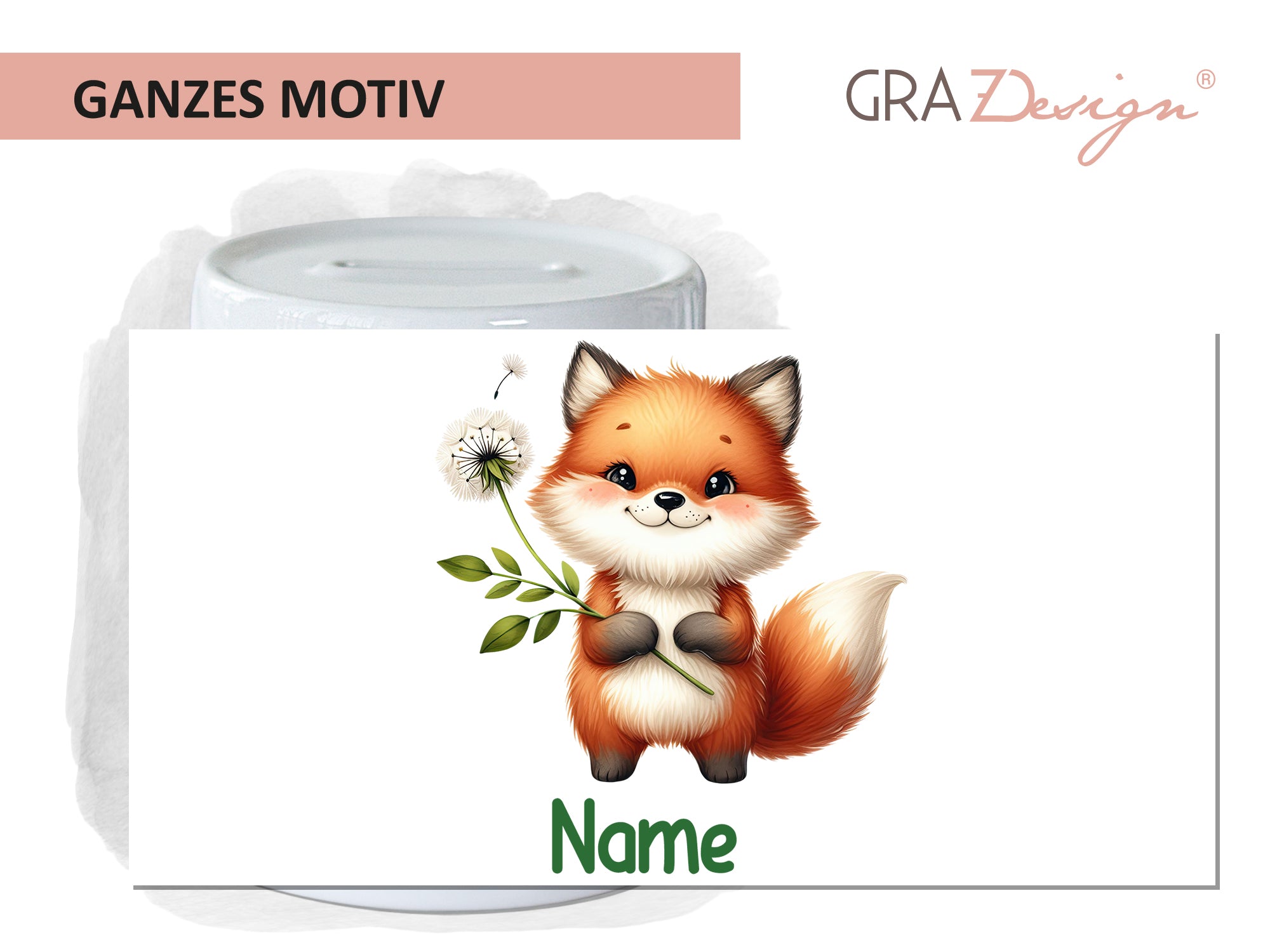 Niedlicher Fuchs mit Blume, orange und weiß, personalisierbar.