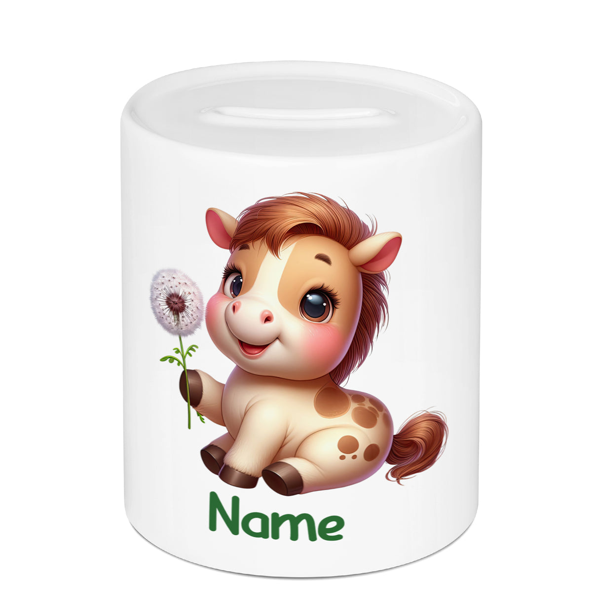 Kleine, niedliche Giraffe mit Blume, weißer Sparschwein.