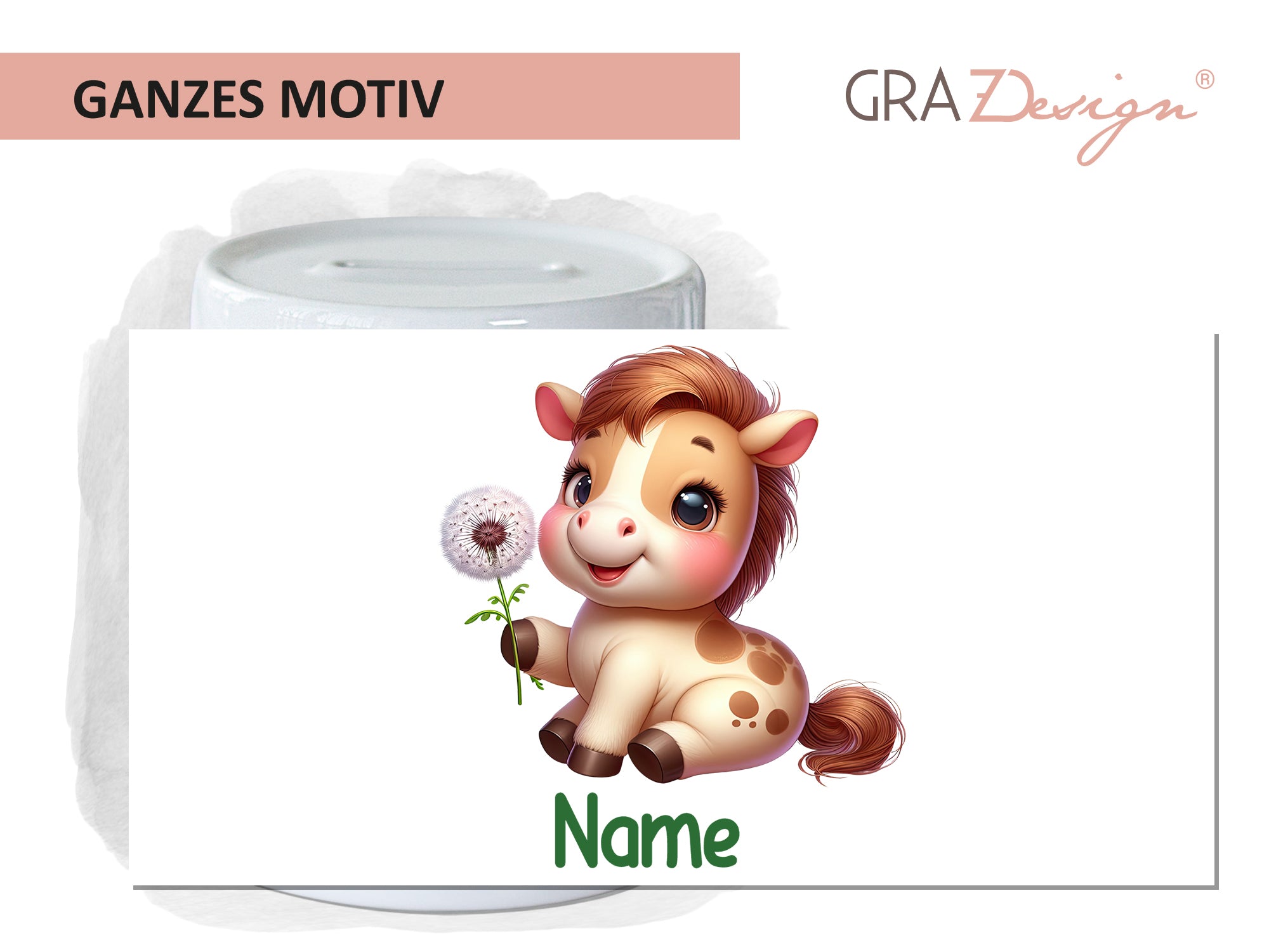 Niedliches Pony mit Löwenzahn, pastellfarben, personalisierbar.