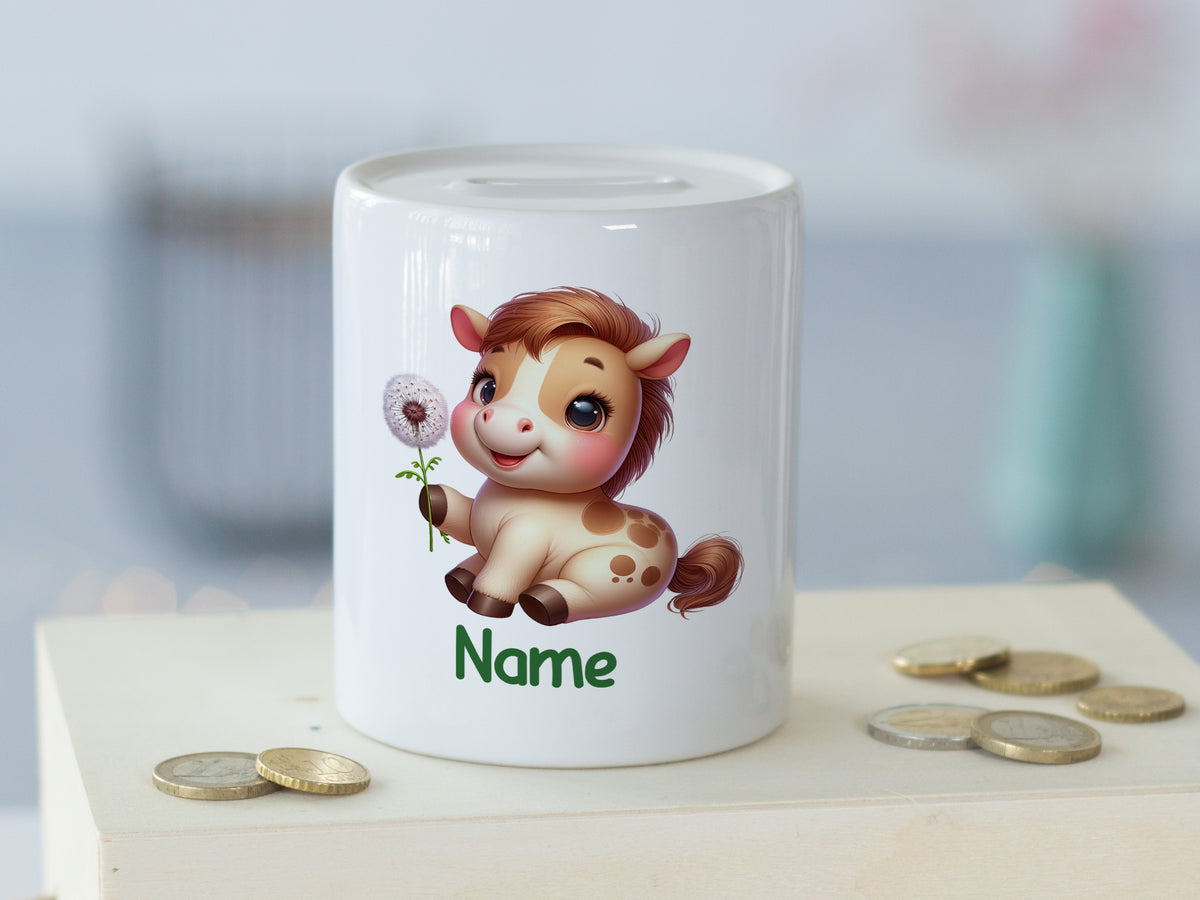 Sparschwein mit niedlichem Fohlen-Design und personalisierbarem Namen.
