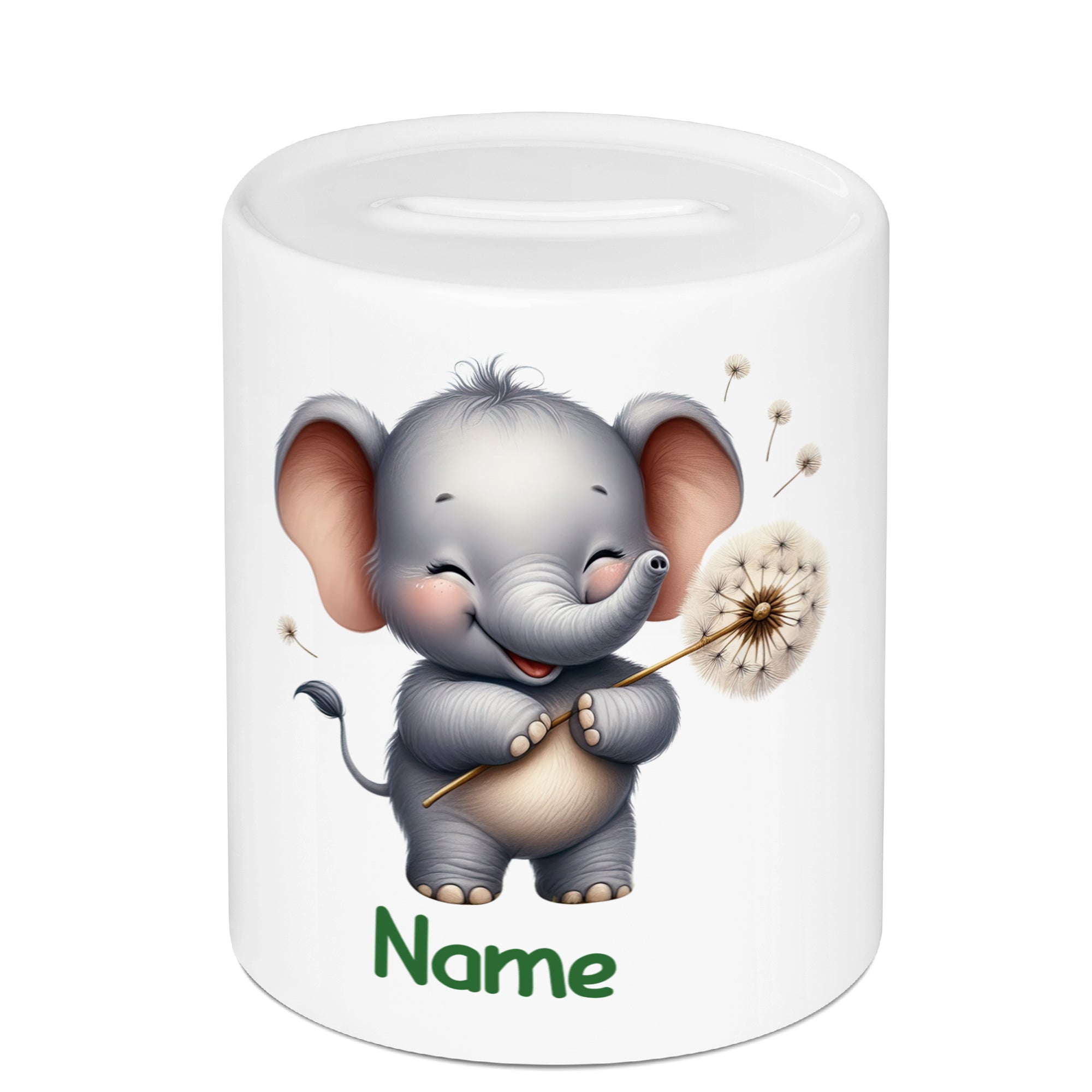 Grauer Elefant mit Pusteblume auf weißem Sparschwein.