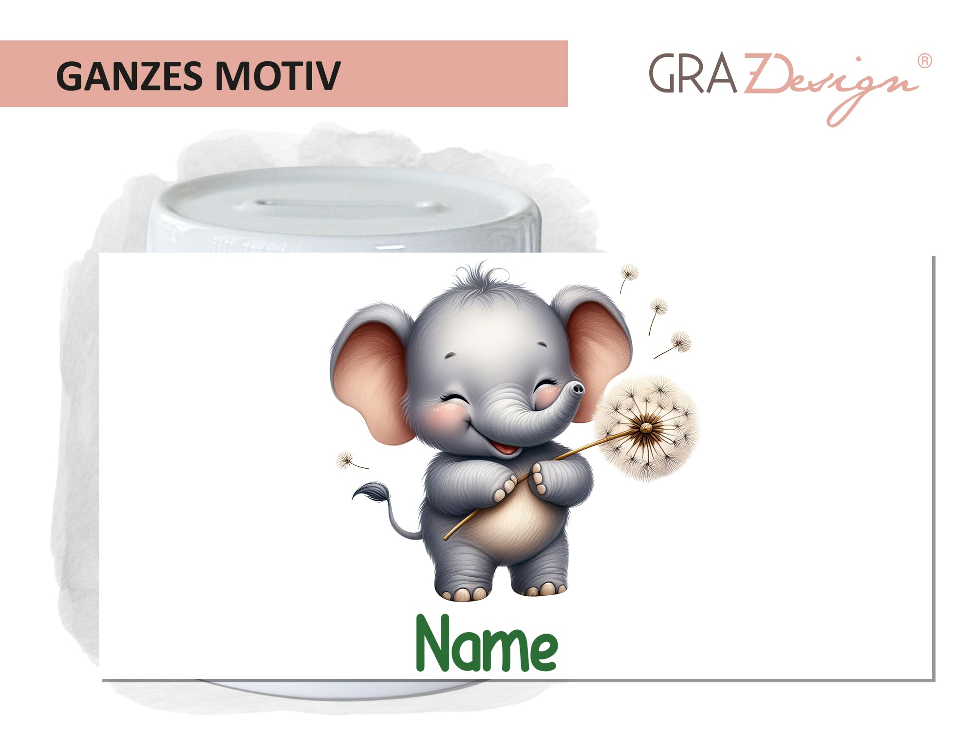 Süßer Elefant mit Löwenzahn, grau und pastellfarben.