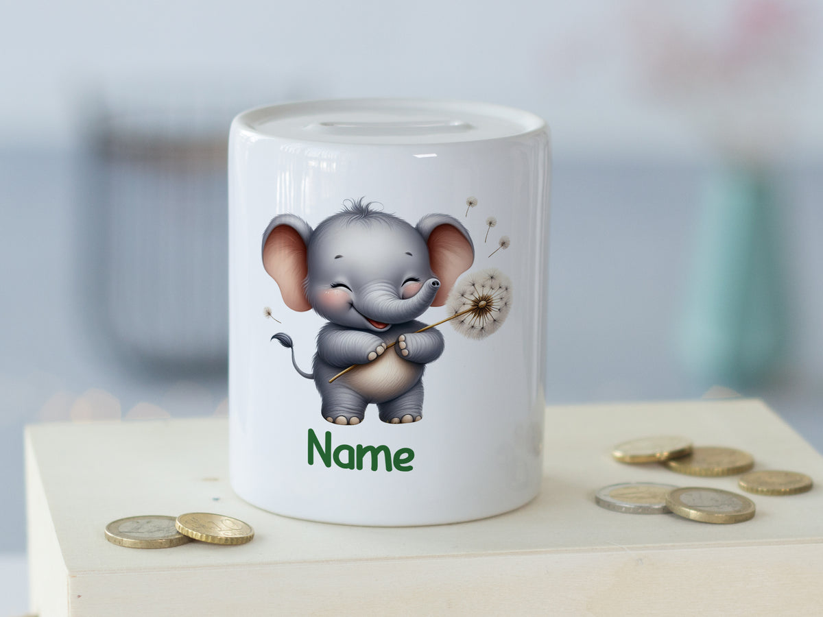 Sparschwein mit Elefant und personalisierbarem Namen in Weiß.