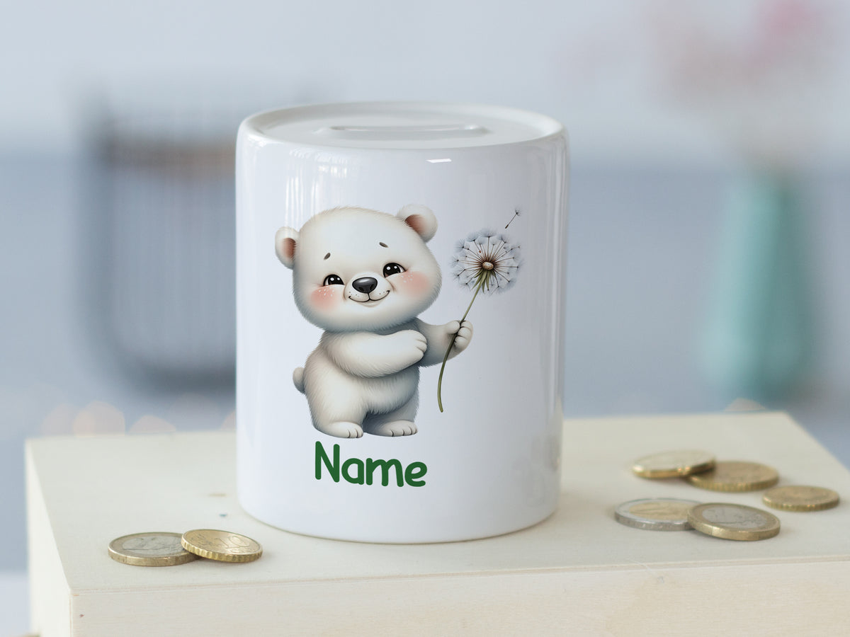 Spardose mit niedlichem Eisbären und personalisierbarem Namen.