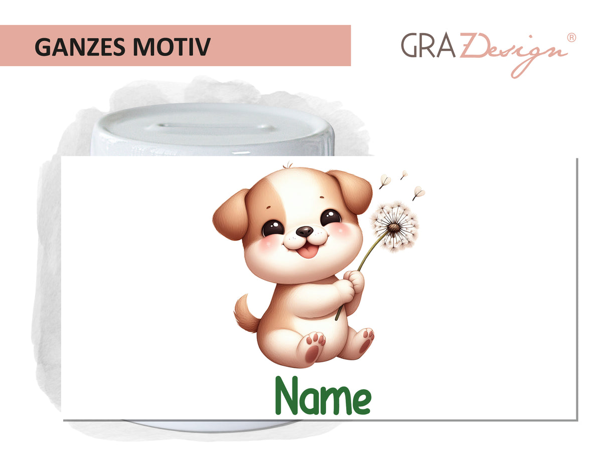 Hündchen mit Pusteblume, grüne Schrift, verspieltes Design.