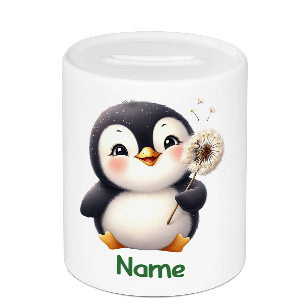 Pinguin-Spardose mit Löwenzahn und personalisierbarem Namen.