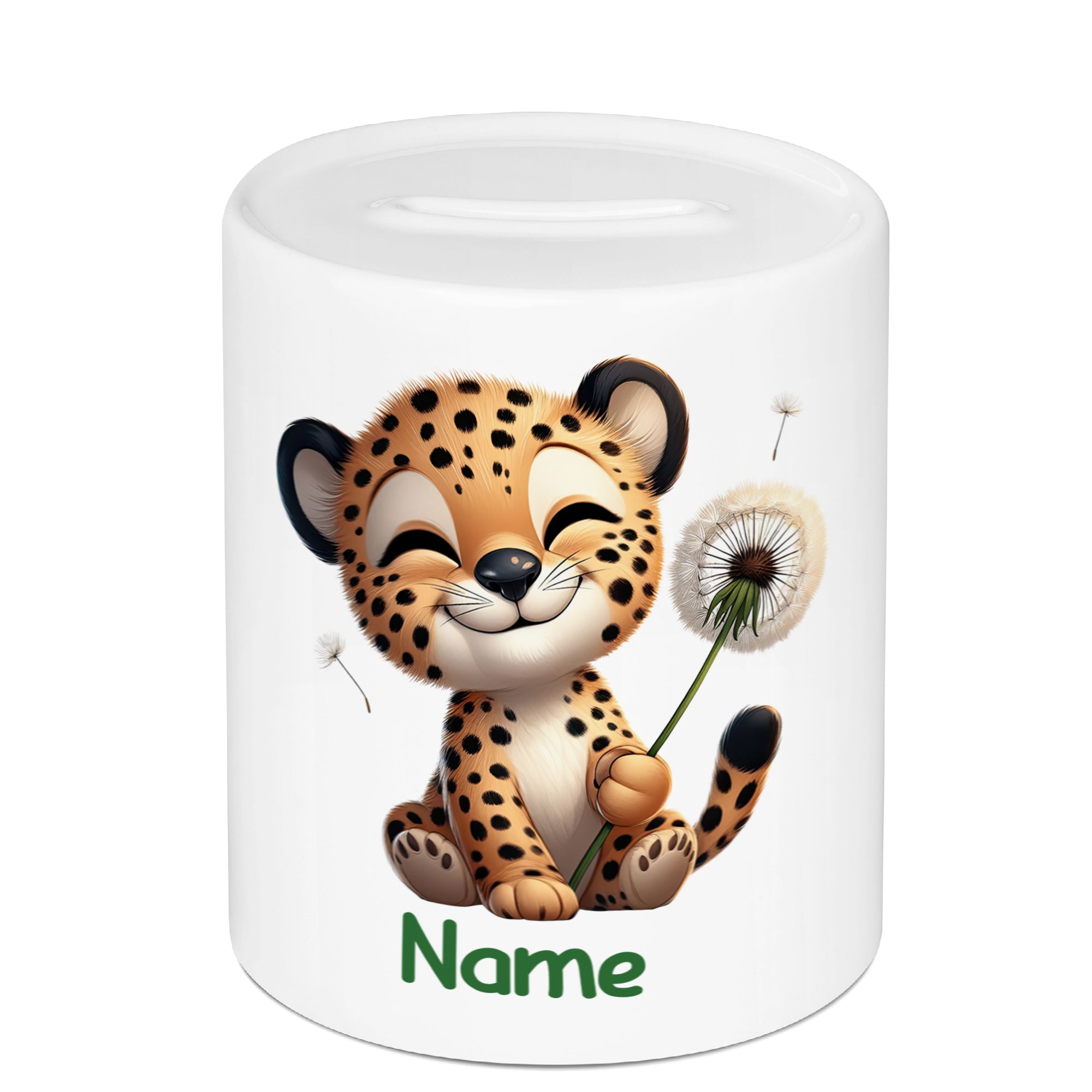Kaffeetasse mit fröhlichem Leoparden und Löwenzahn.