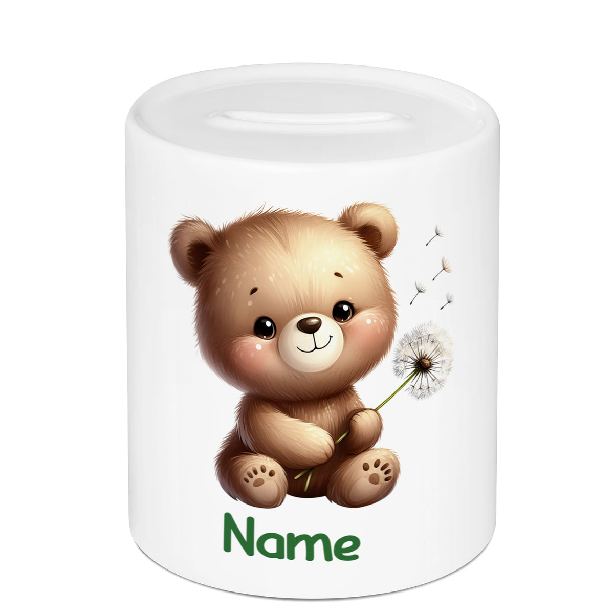 Kleiner brauner Bär mit Pusteblume und Namen.