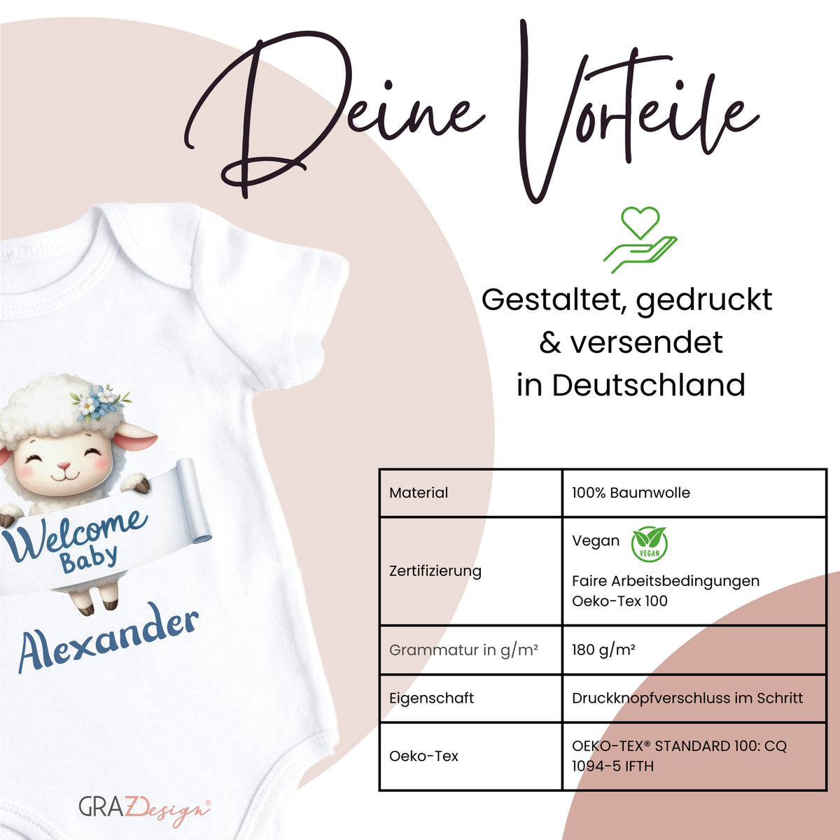 Babybody mit Schaf-Motiv, weiß, 100% Baumwolle.
