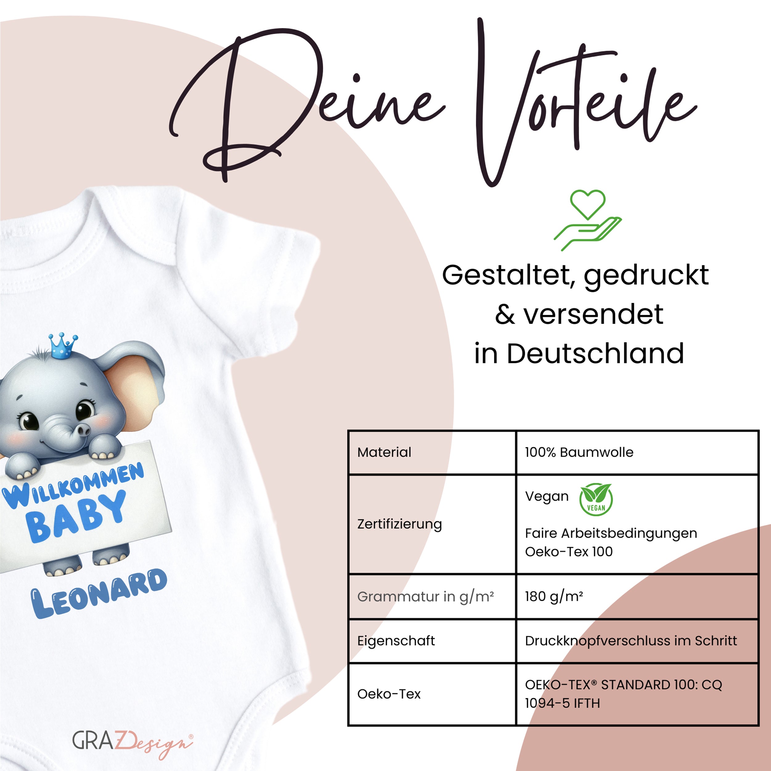 Babybody mit Elefant, weiß, Oeko-Tex-zertifiziert, vegan.