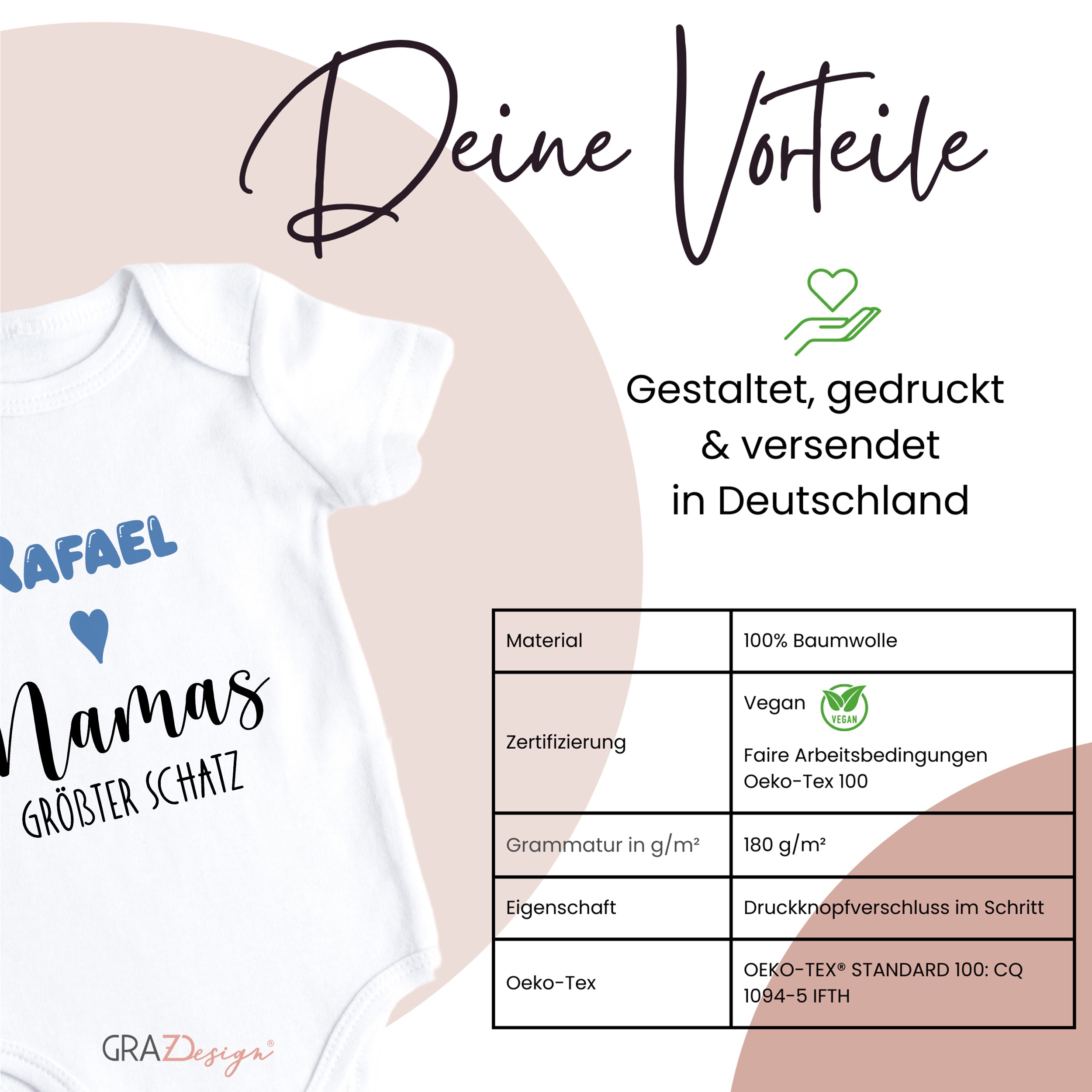 Weißes Babybody mit blauem und schwarzem Aufdruck.