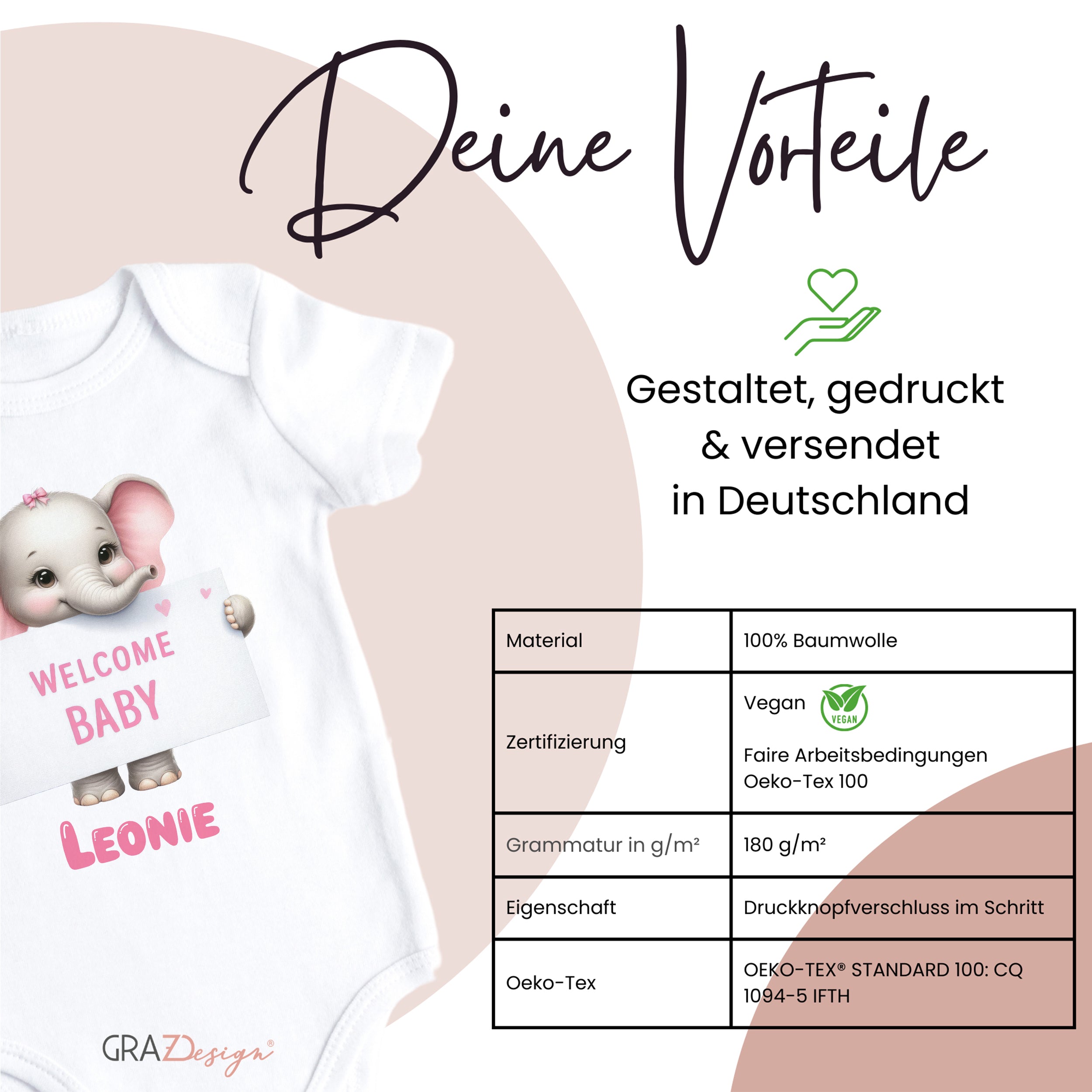 Weißes Babybody mit Elefant und "WELCOME BABY LEONIE" Aufdruck.