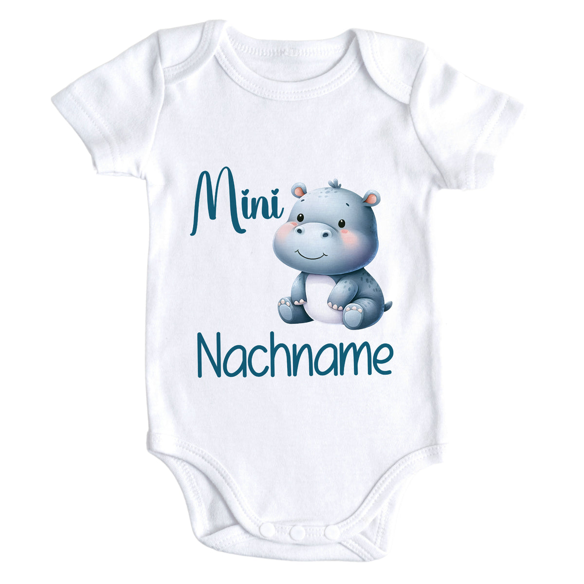 Weißer Babybody mit niedlichem Nilpferd und Text "Mini Nachname".