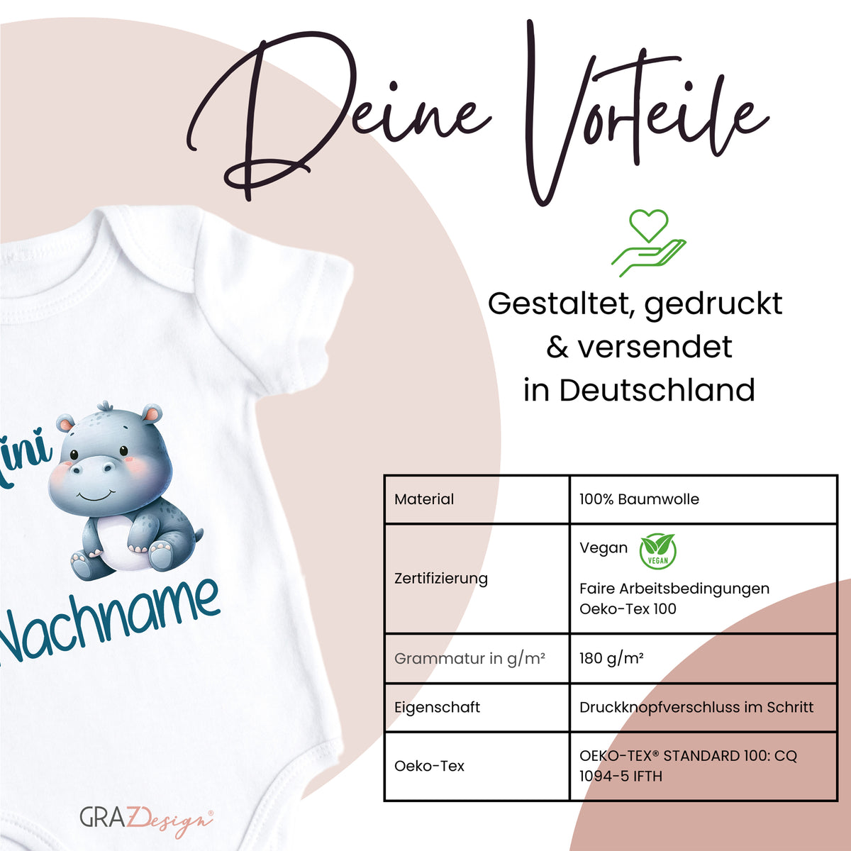 Babybody mit blauem Nilpferd-Design, 100% Baumwolle.