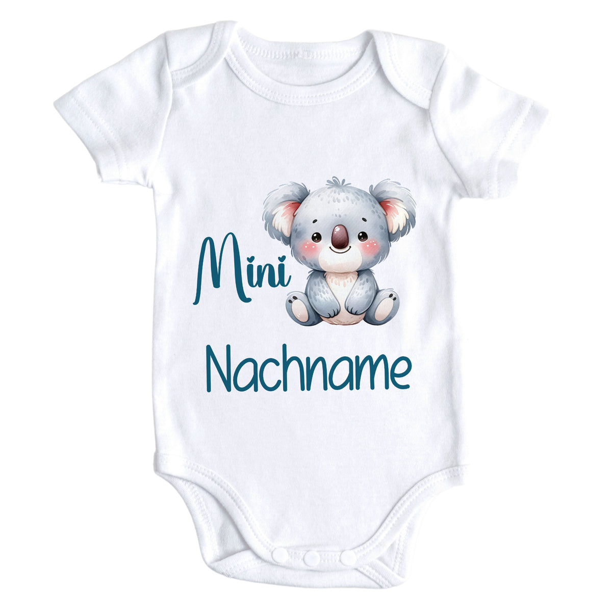 Weißer Babybody mit koalabär und "Mini Nachname" Schriftzug.