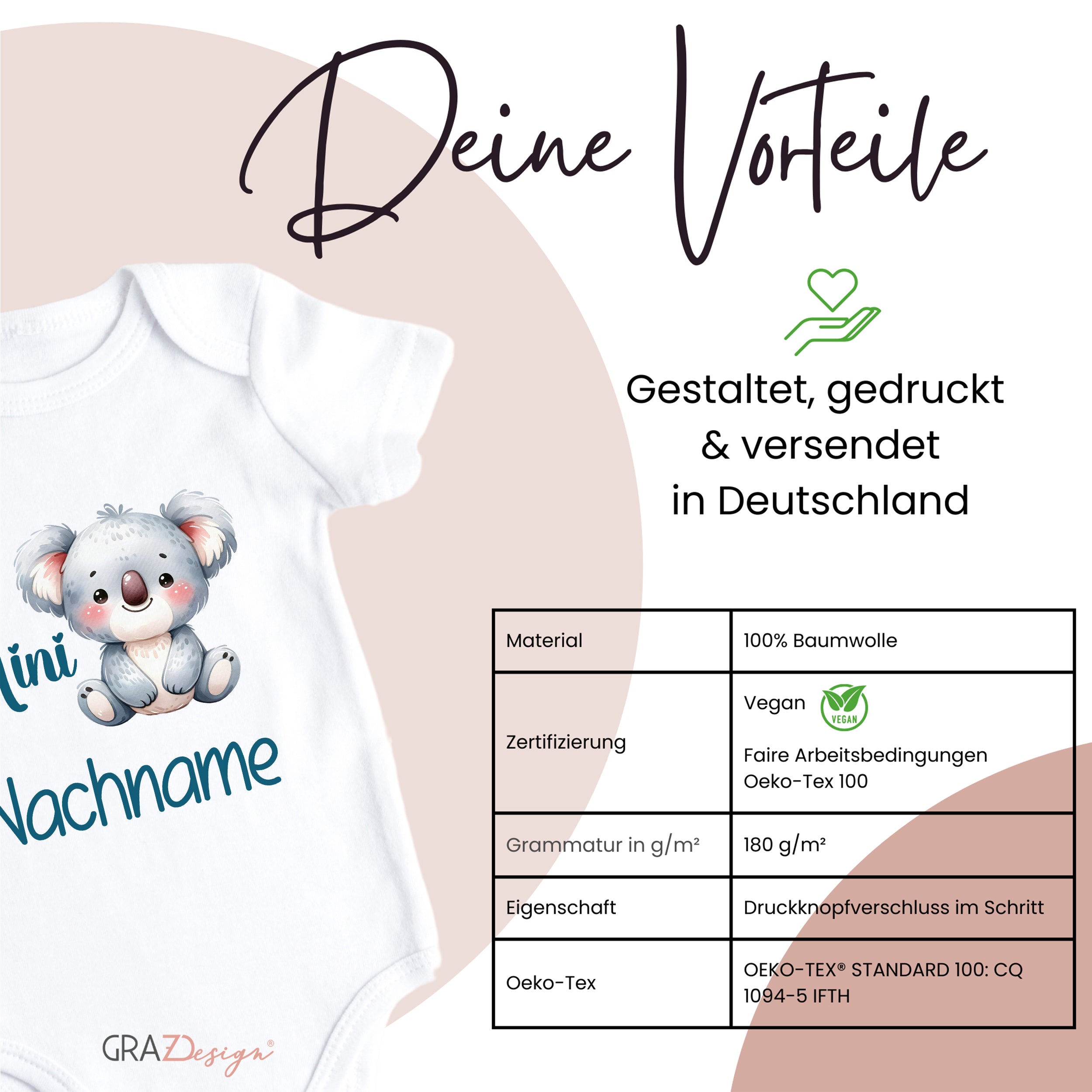 Babybody mit Koala-Motiv, blau, 100% Baumwolle.