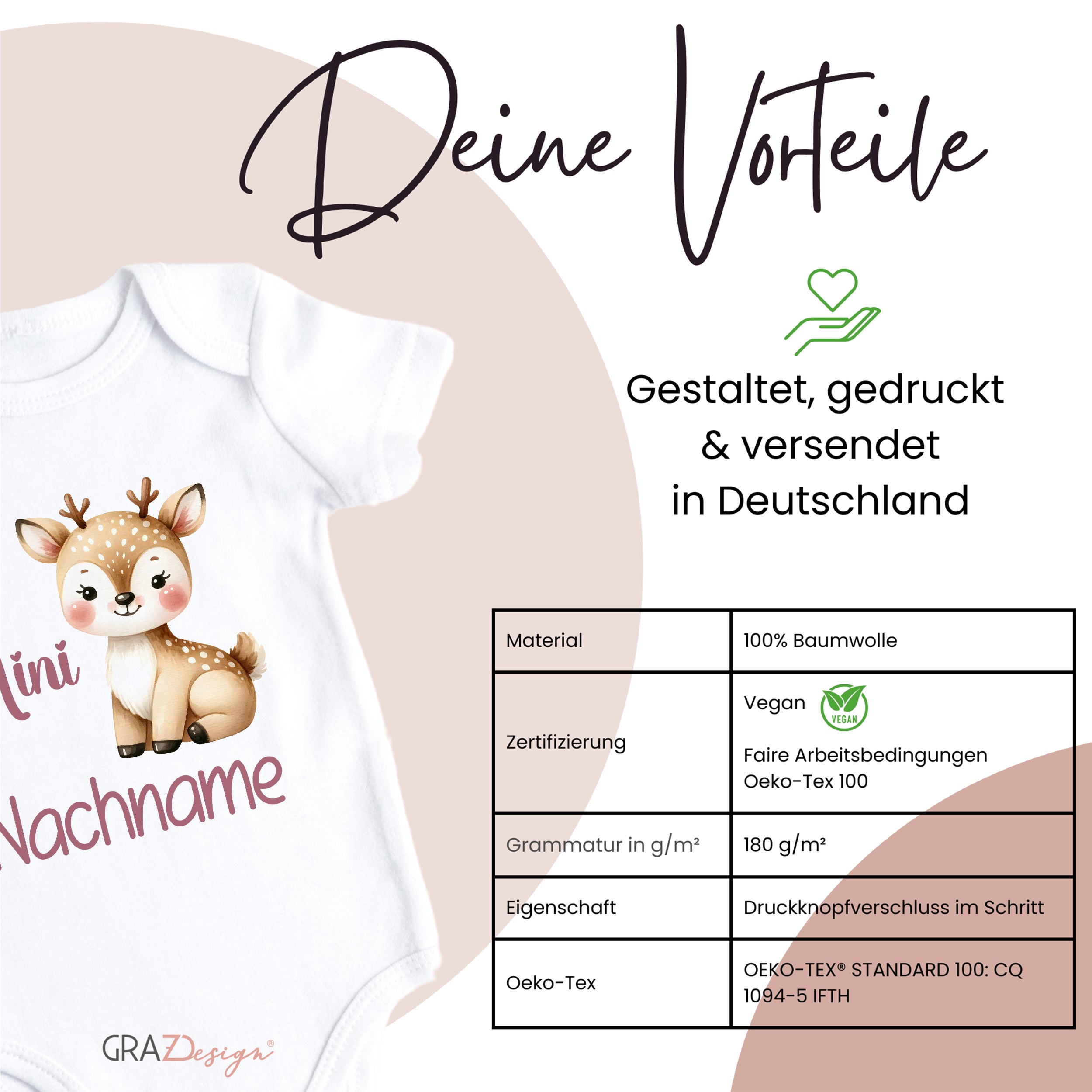 Babybody mit Reh-Motiv, 100% Baumwolle, vegan.