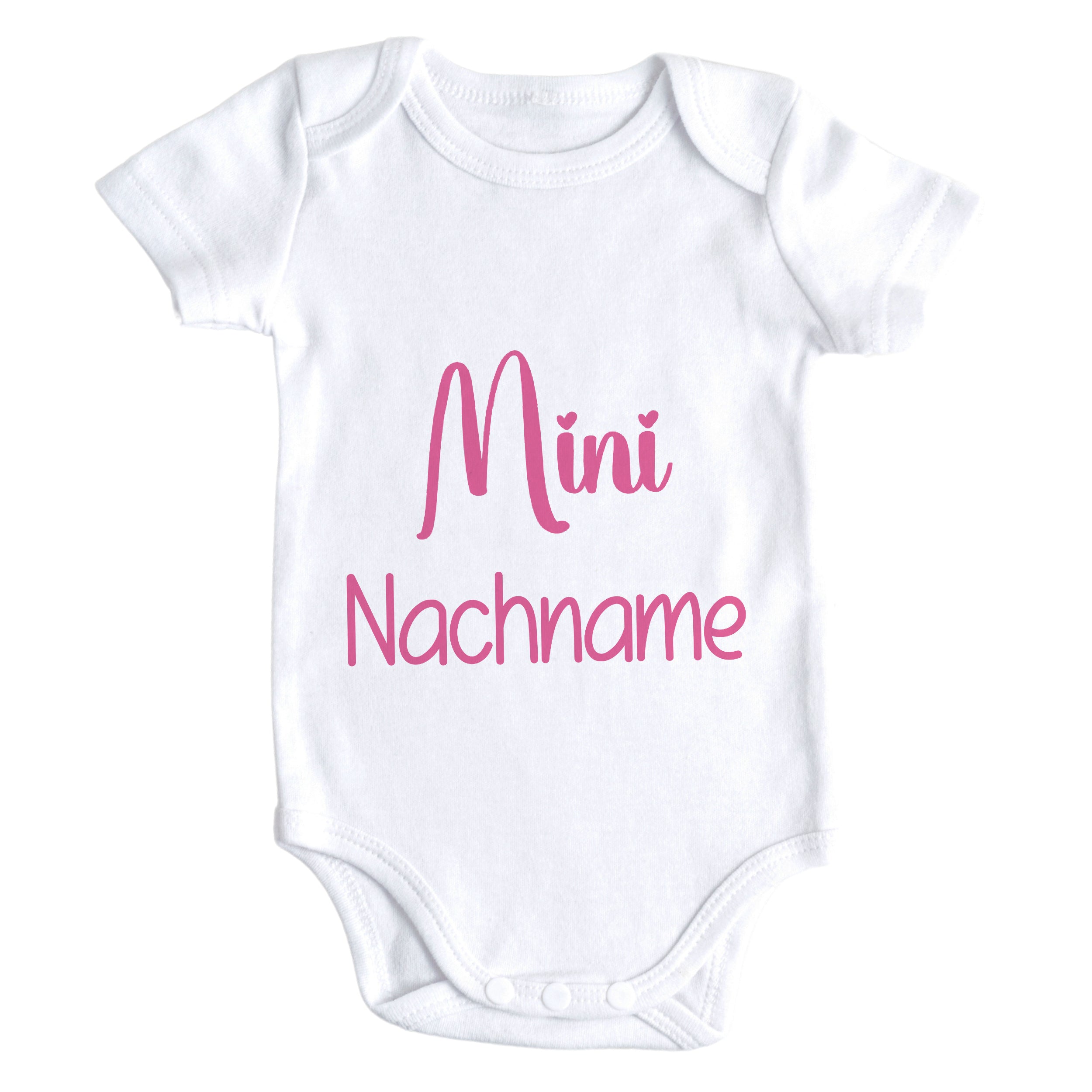 Weißer Babybody mit pinkem Aufdruck "Mini Nachname".