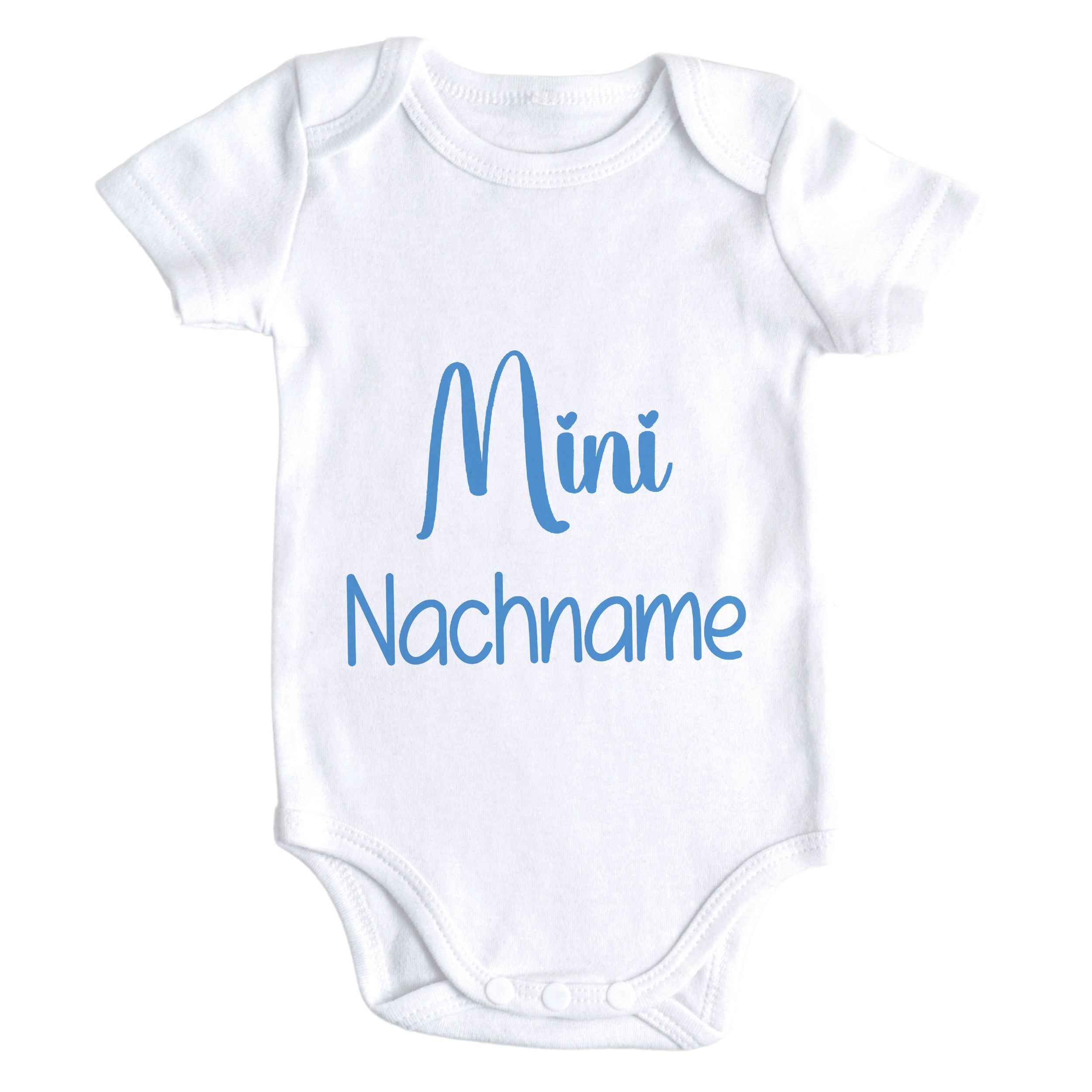 Weißer Babybody mit blauem Aufdruck "Mini Nachname".