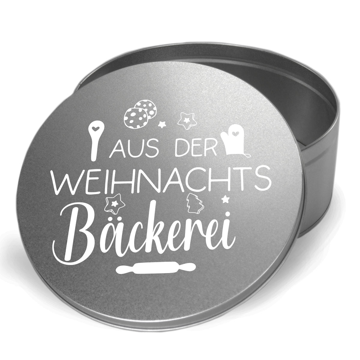 Silberne Dose mit Aufschrift "Aus der Weihnachtsbäckerei".