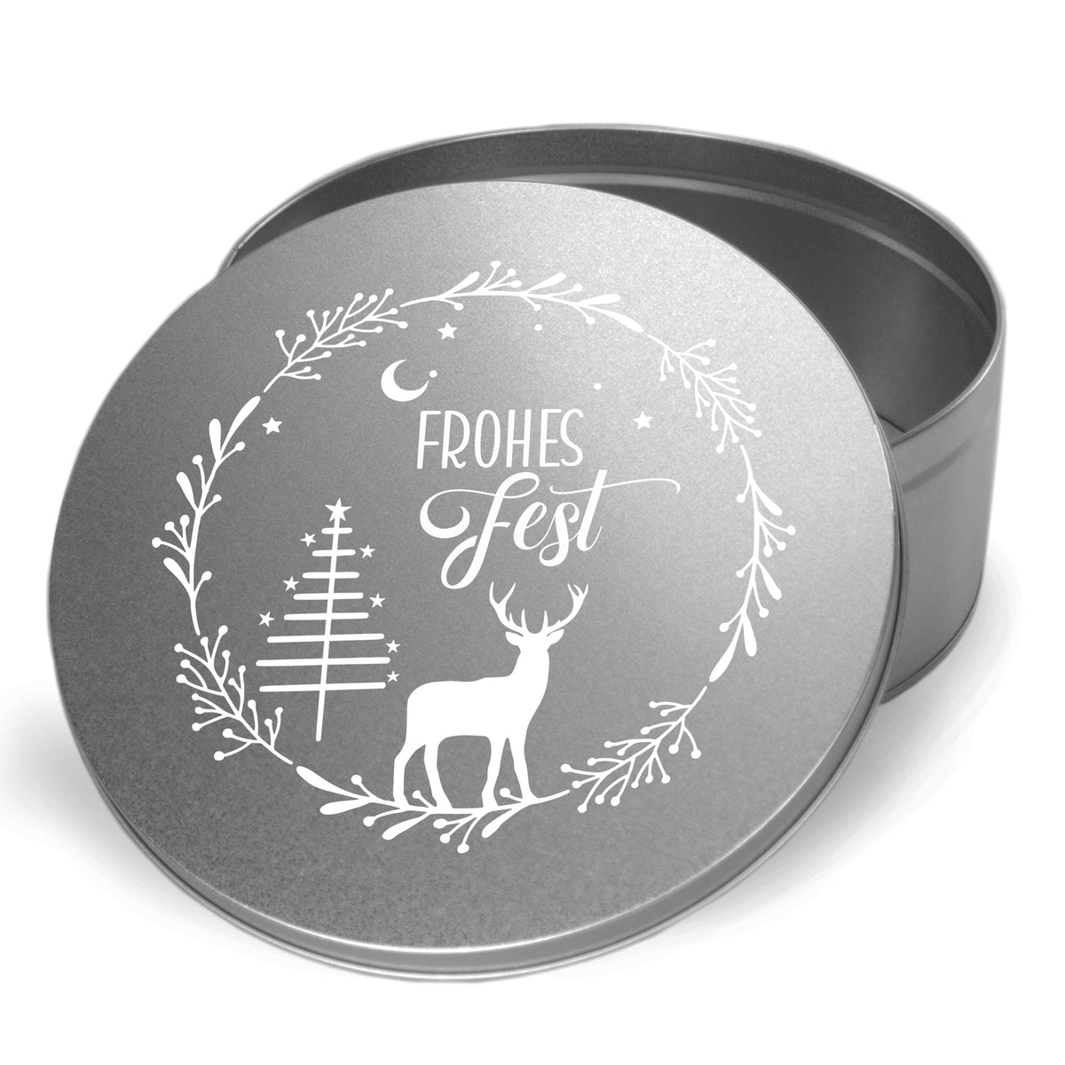 Silberne Dose mit Weihnachtsmotiv und Schriftzug "Frohes Fest".