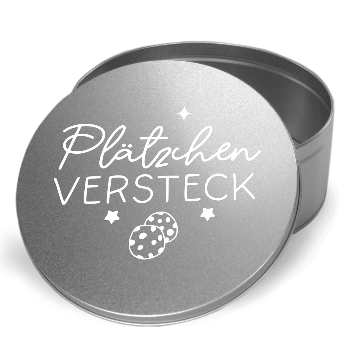 Graue Keksdose mit Aufschrift "Plätzchen VERSTECK".