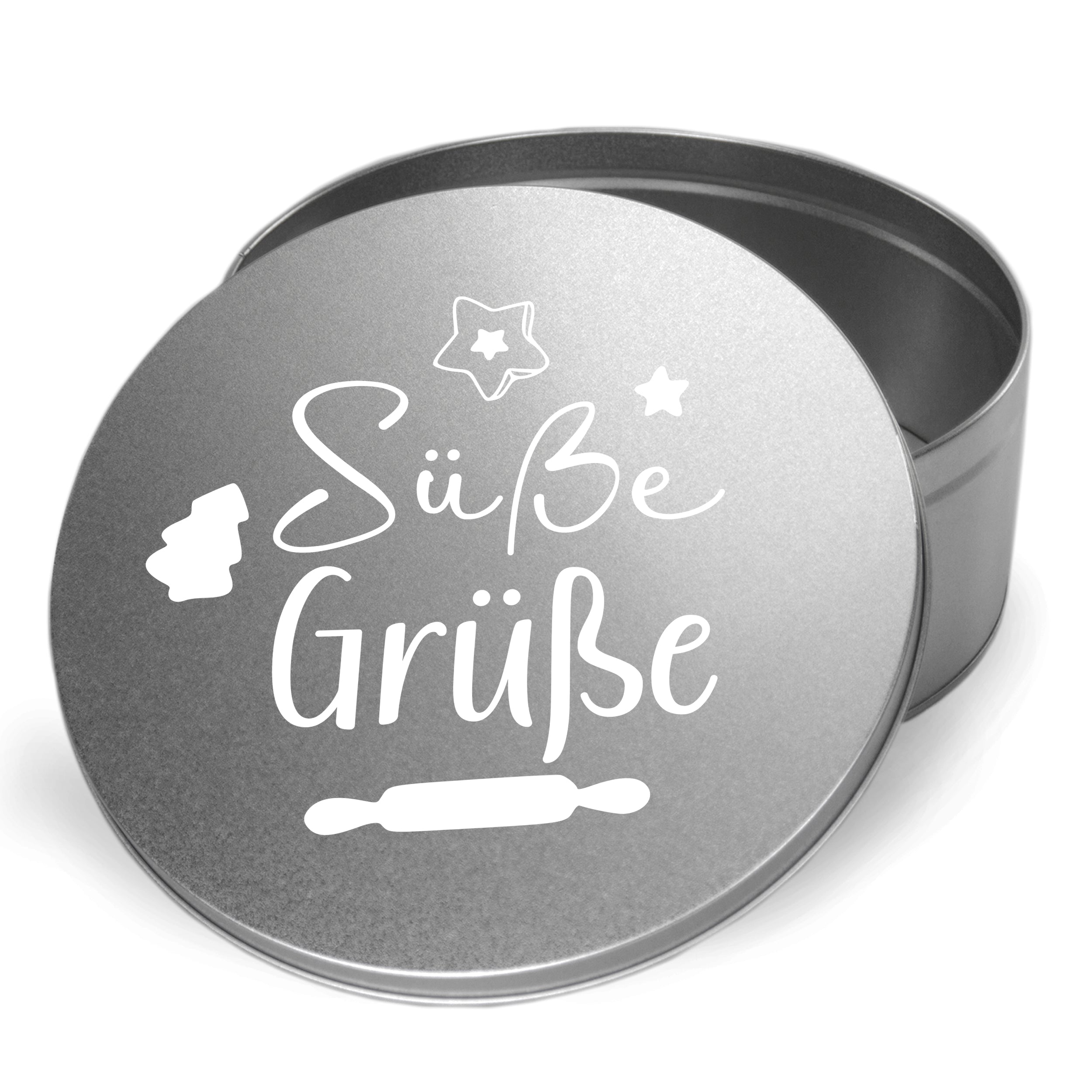 Silberne Dose mit dem Aufdruck "Süße Grüße".