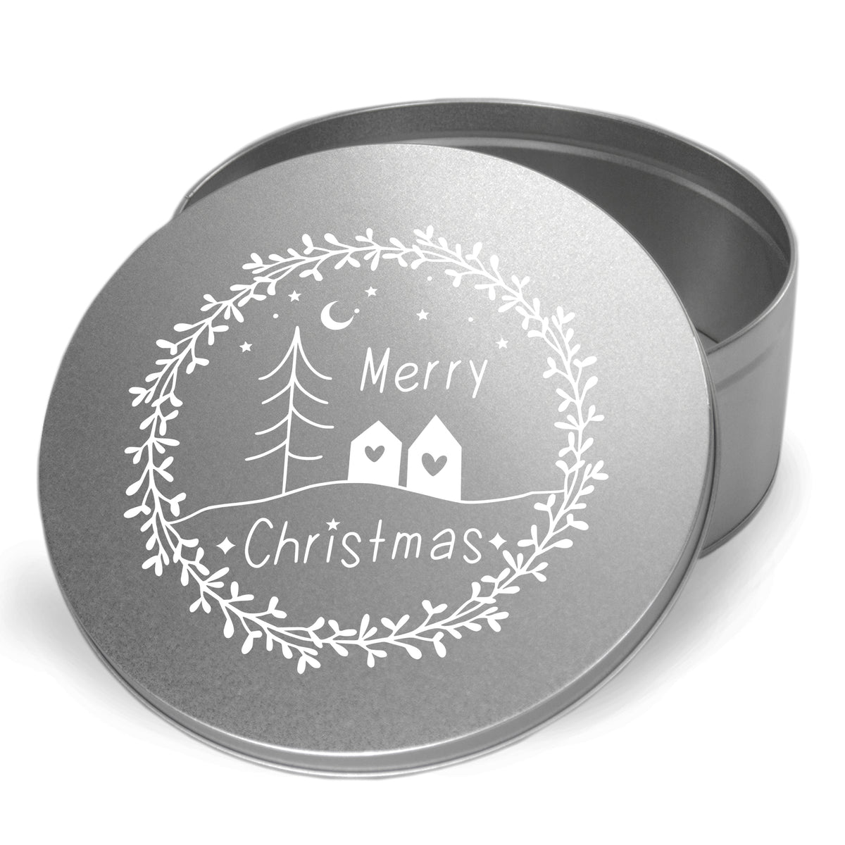 Silberne Geschenkdose mit Weihnachtsmotiv und Schriftzug.