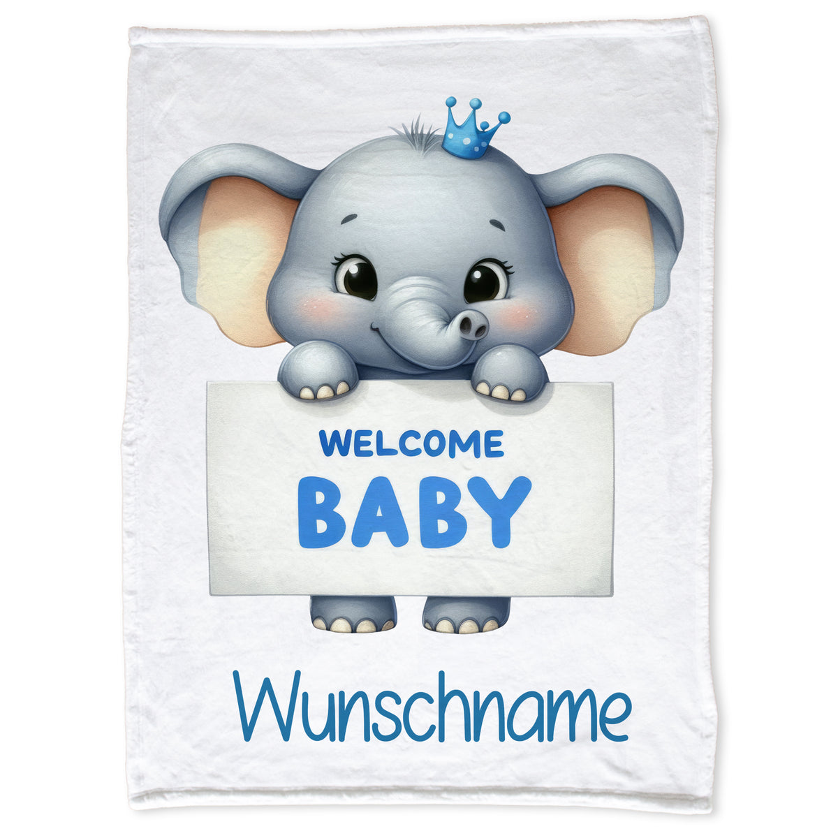 Babydecke mit niedlichem Elefanten und Willkommensschriftzug.