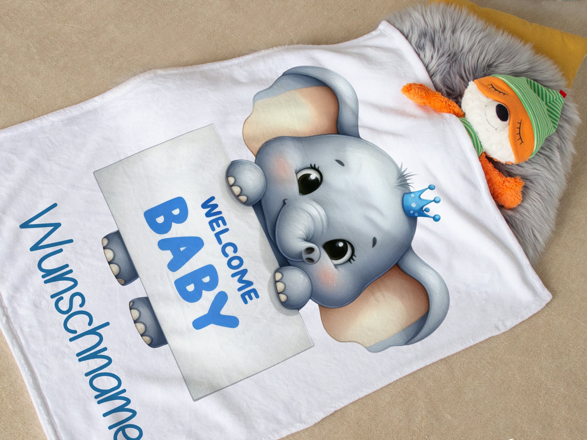 Baby-Decke mit Elefant, blau und personalisierbarem Text.