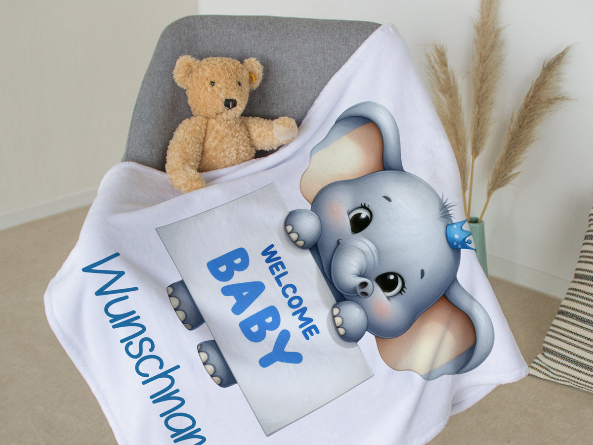 Babydecke mit Elefant und "Welcome Baby"-Aufdruck.